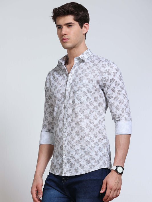 Men's Linen White Grey Blue Maple Leaf Printed Shirt