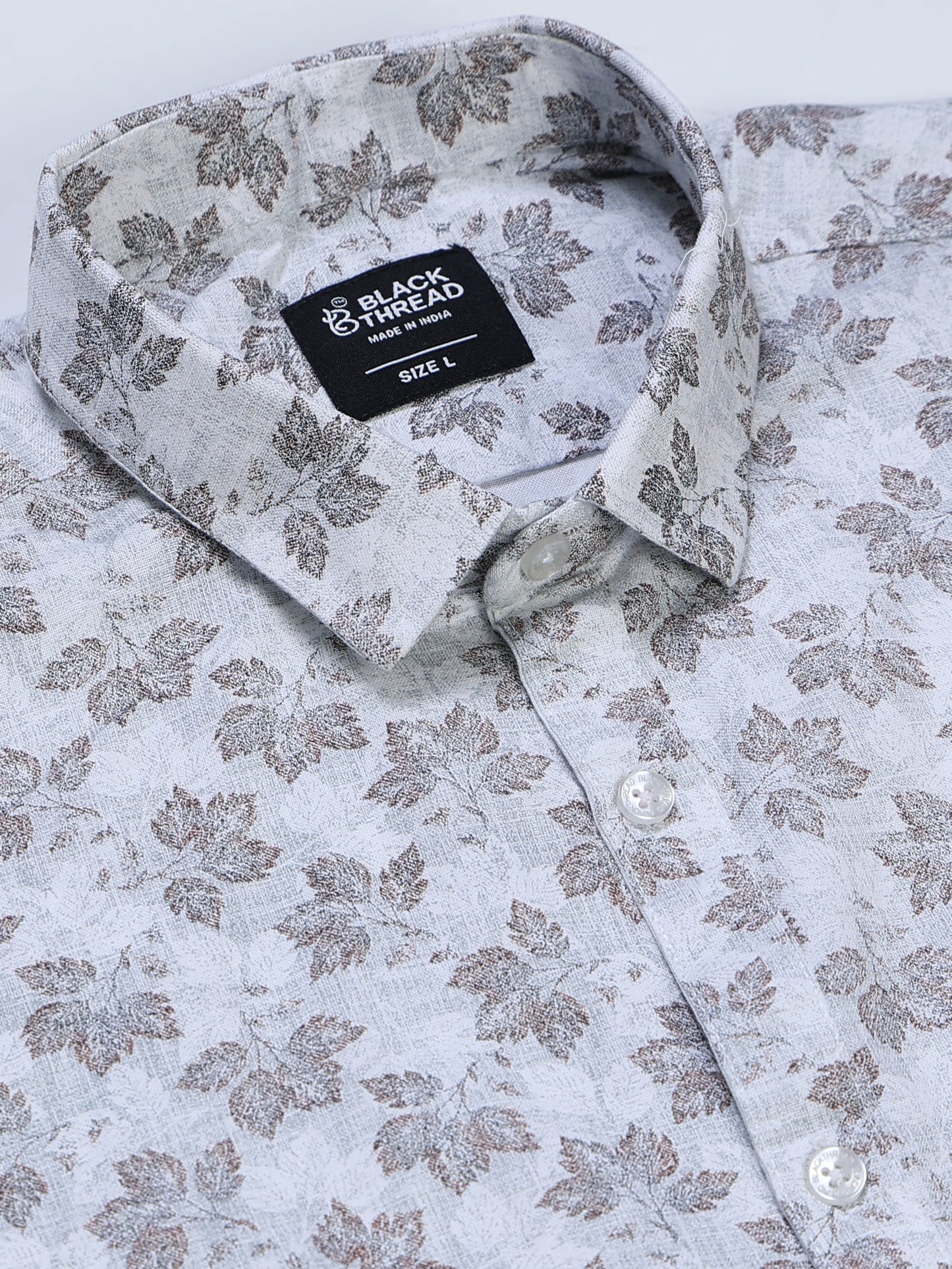 Men's Linen White Grey Blue Maple Leaf Printed Shirt
