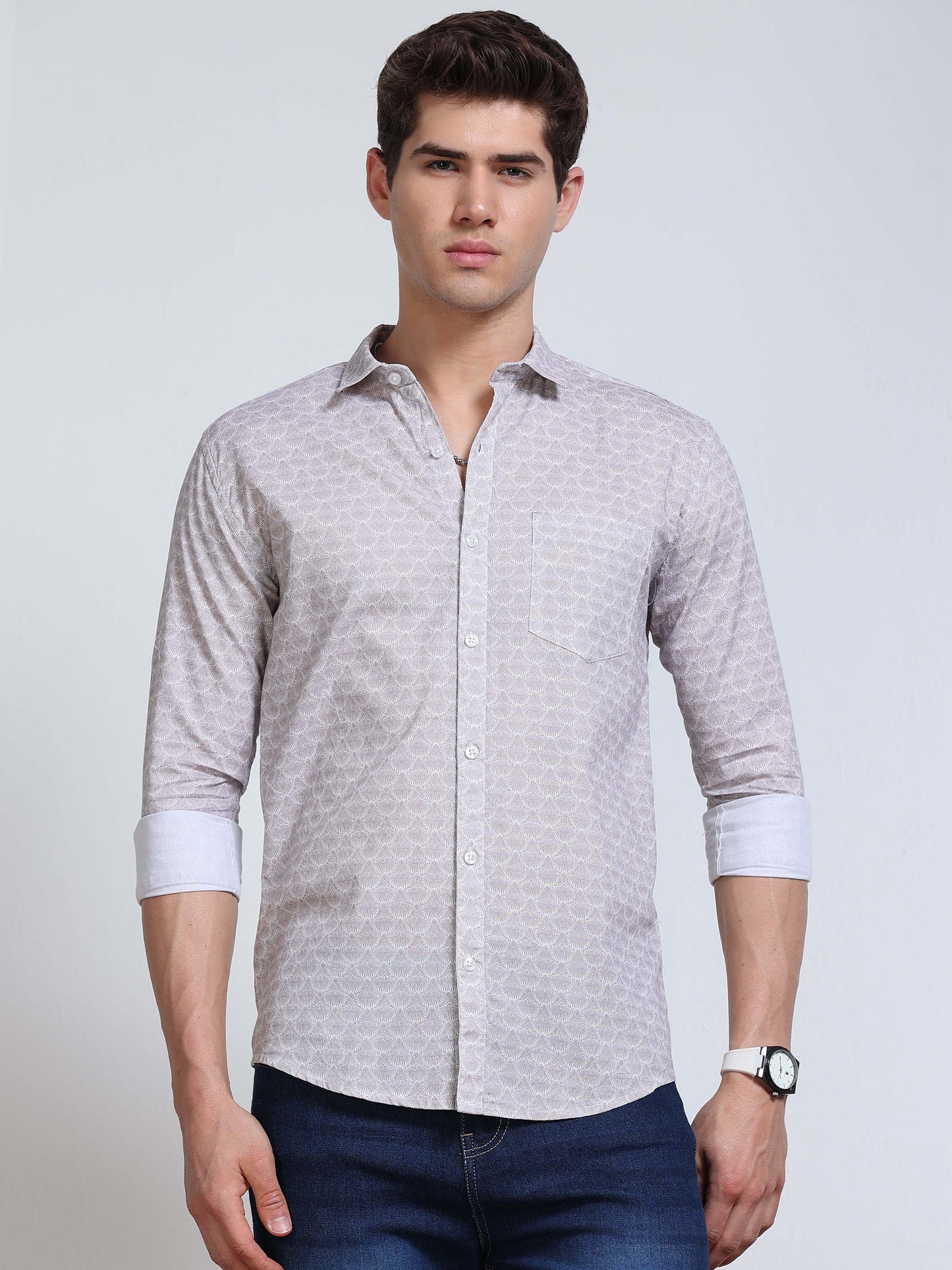 Men's Linen Light Grey White Micro Fan Geometric Printed Shirt