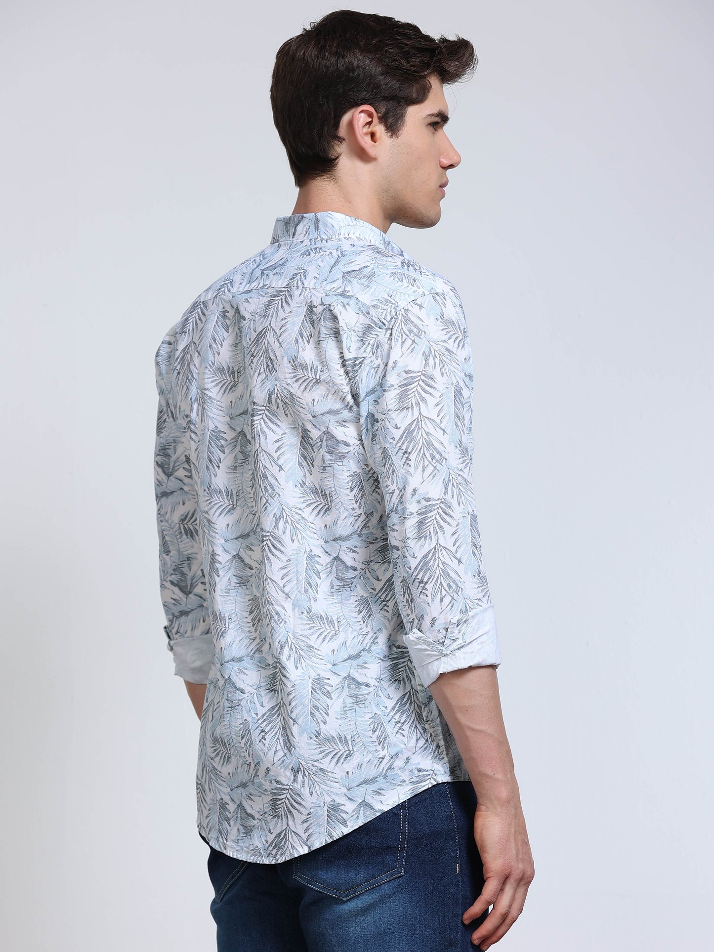 Men's Linen Light Blue Tropical Palm Leaf Printed Shirt
