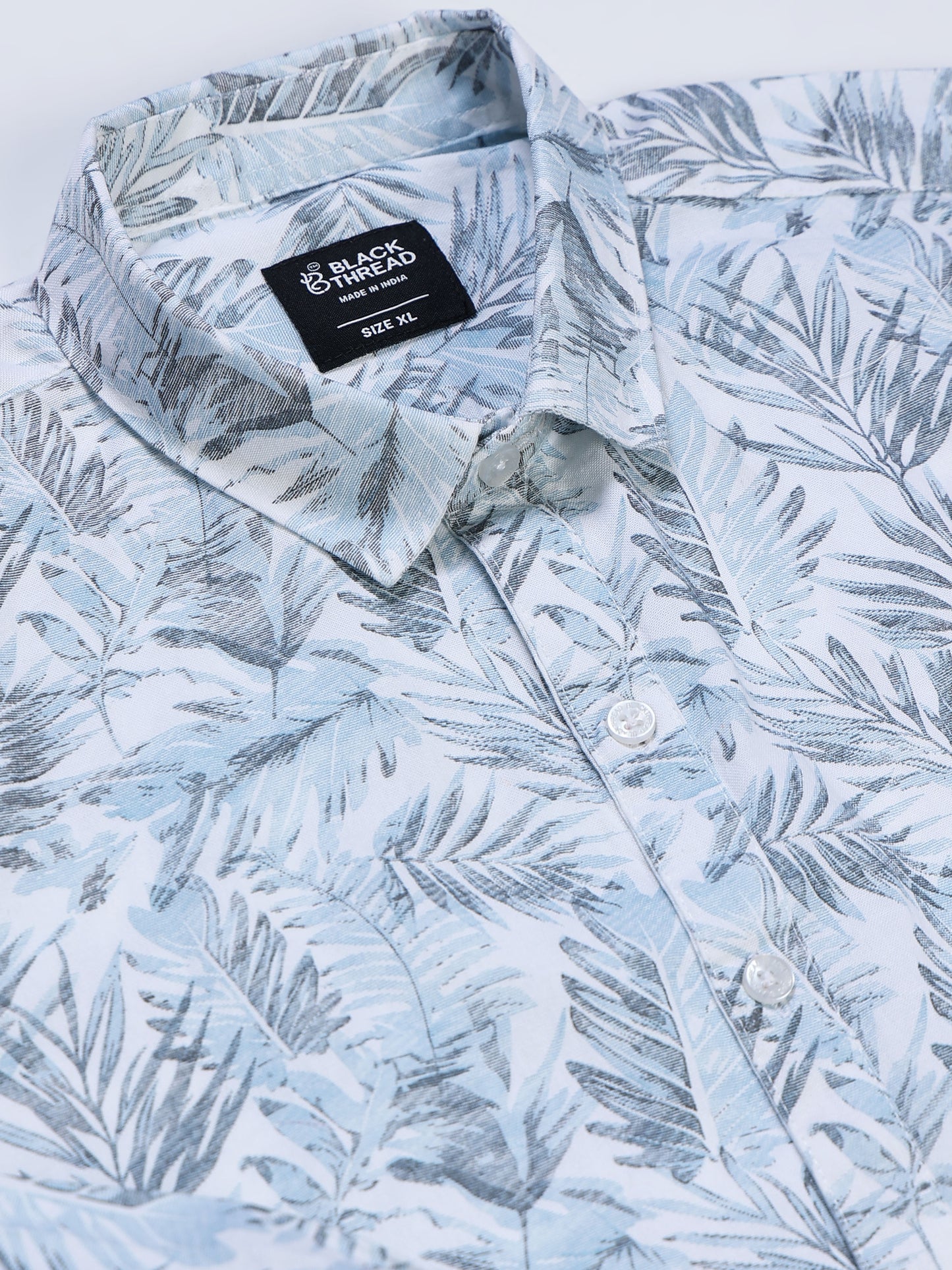 Men's Linen Light Blue Tropical Palm Leaf Printed Shirt