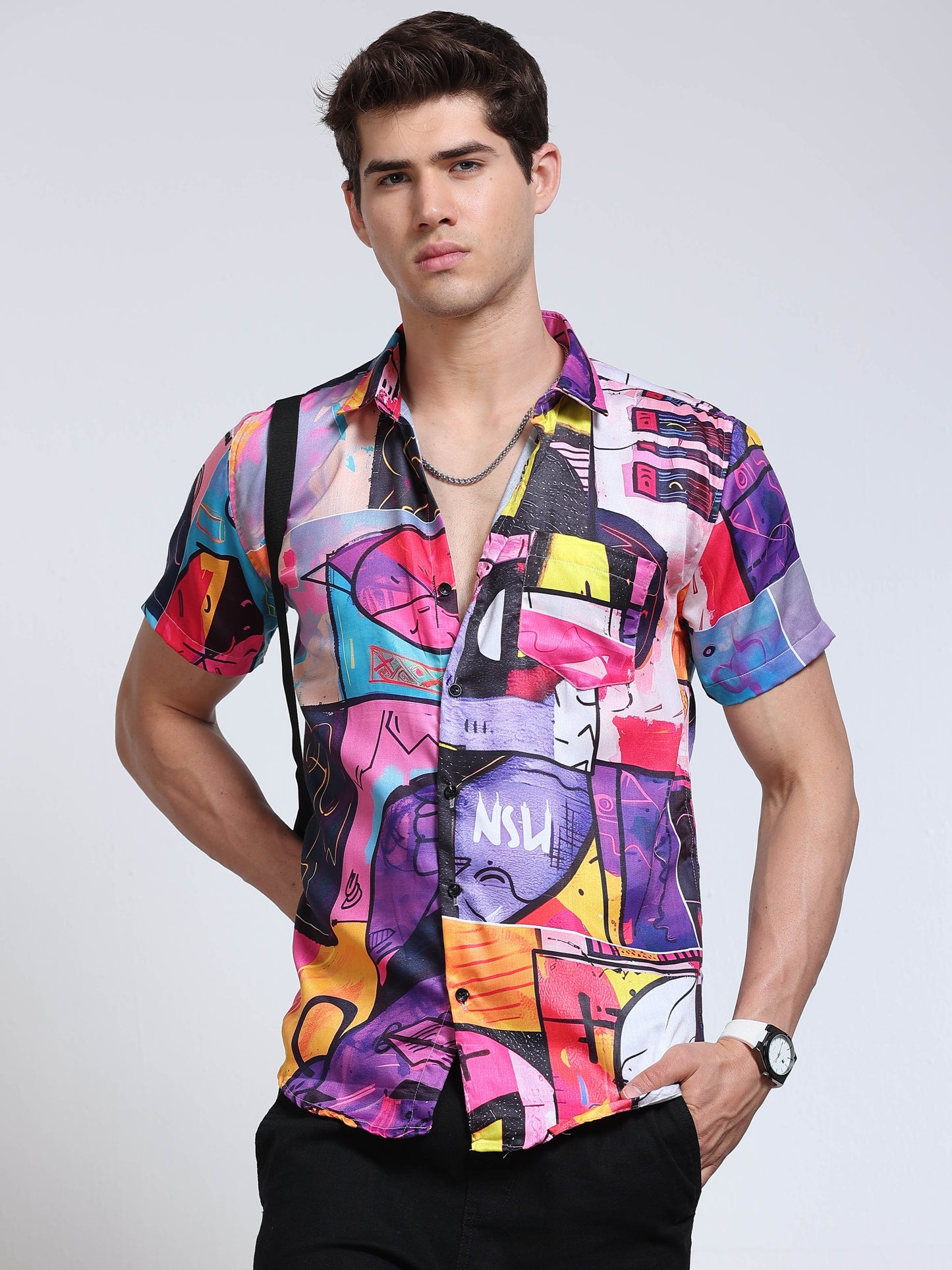 Men's Rayan Multicolour Graffiti Abstract Art Printed Half Sleeve Shirt