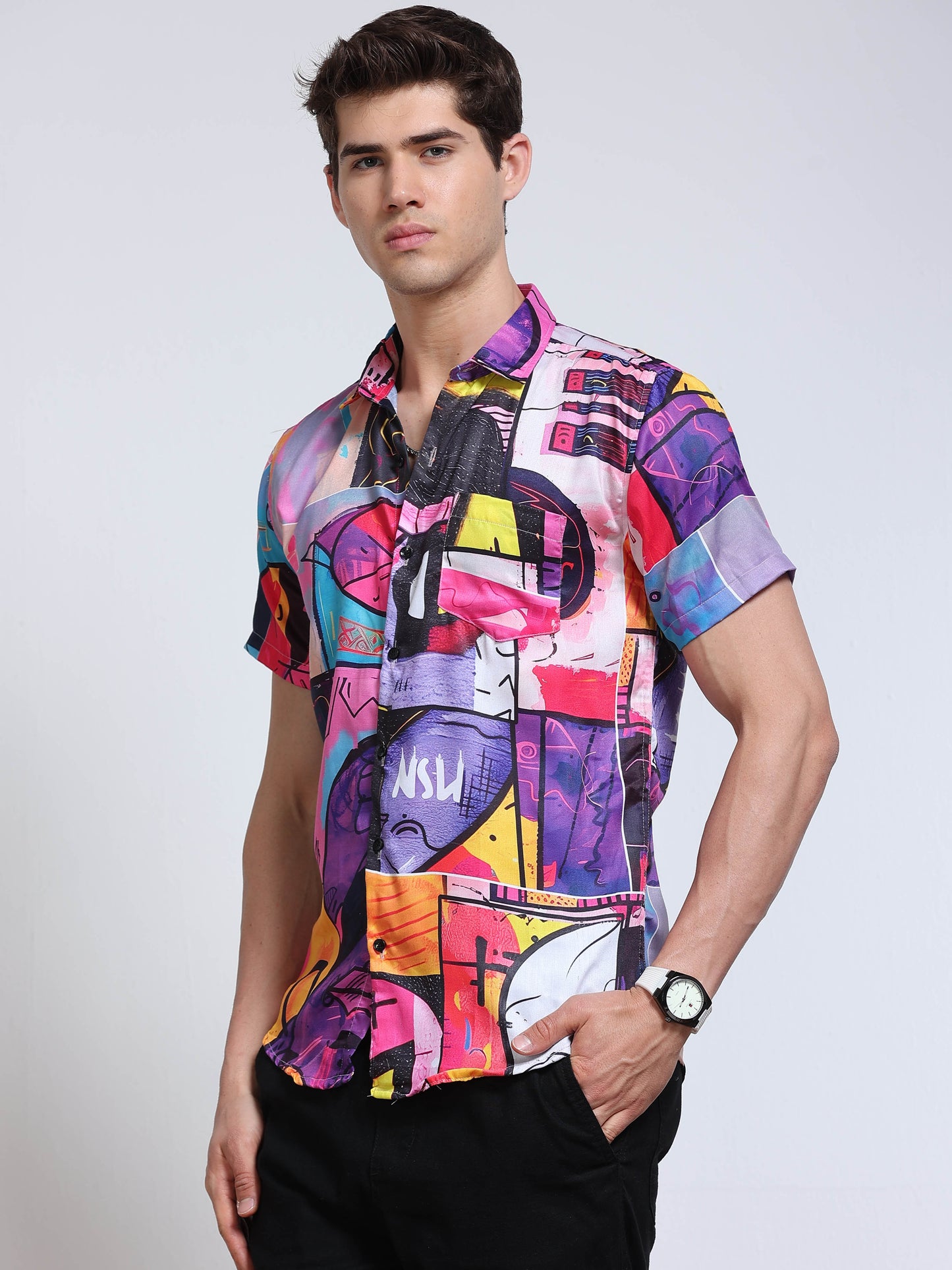 Men's Rayan Multicolour Graffiti Abstract Art Printed Half Sleeve Shirt