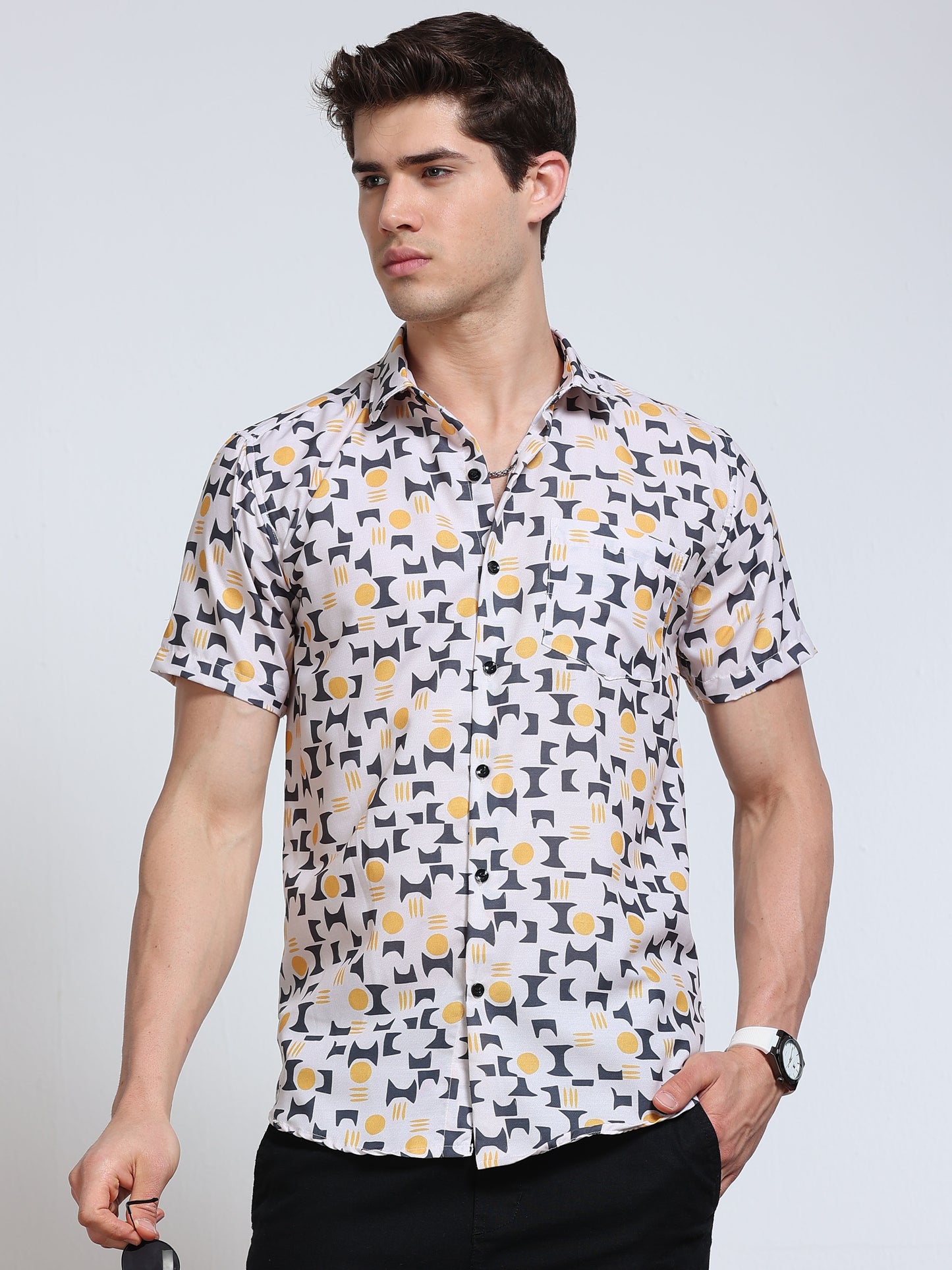 Men's Rayan White Grey Yellow Geometric Mosaic Printed Half Sleeve Shirt