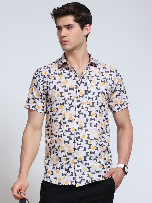 Men's Rayan White Grey Yellow Geometric Mosaic Printed Half Sleeve Shirt