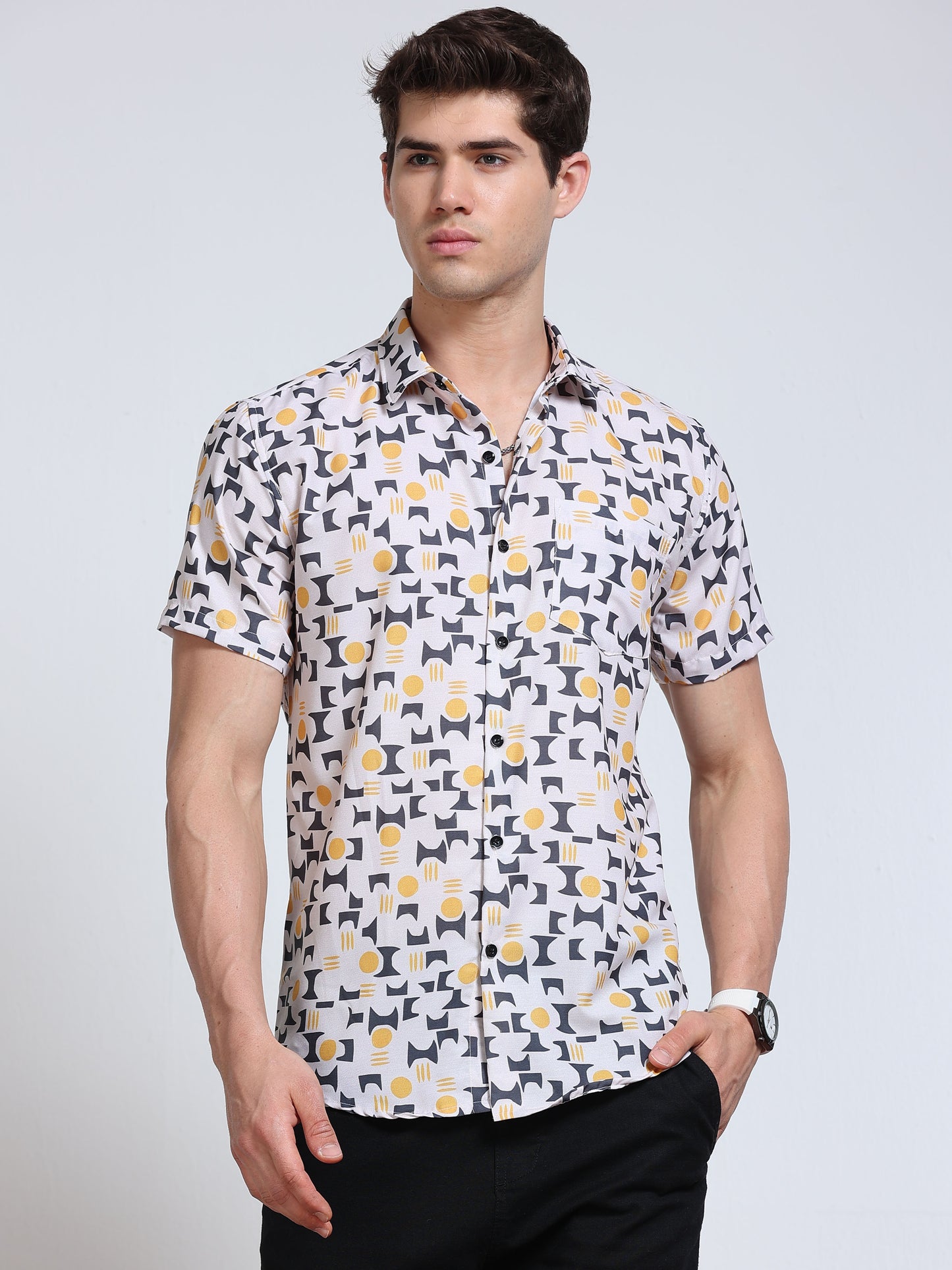 Men's Rayan White Grey Yellow Geometric Mosaic Printed Half Sleeve Shirt