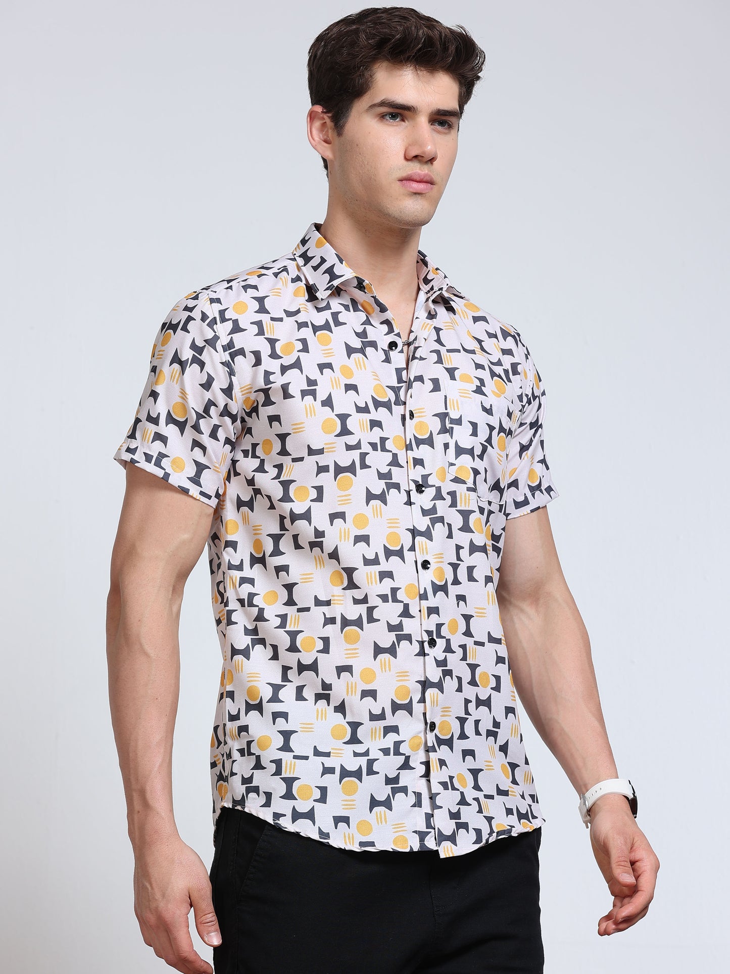 Men's Rayan White Grey Yellow Geometric Mosaic Printed Half Sleeve Shirt