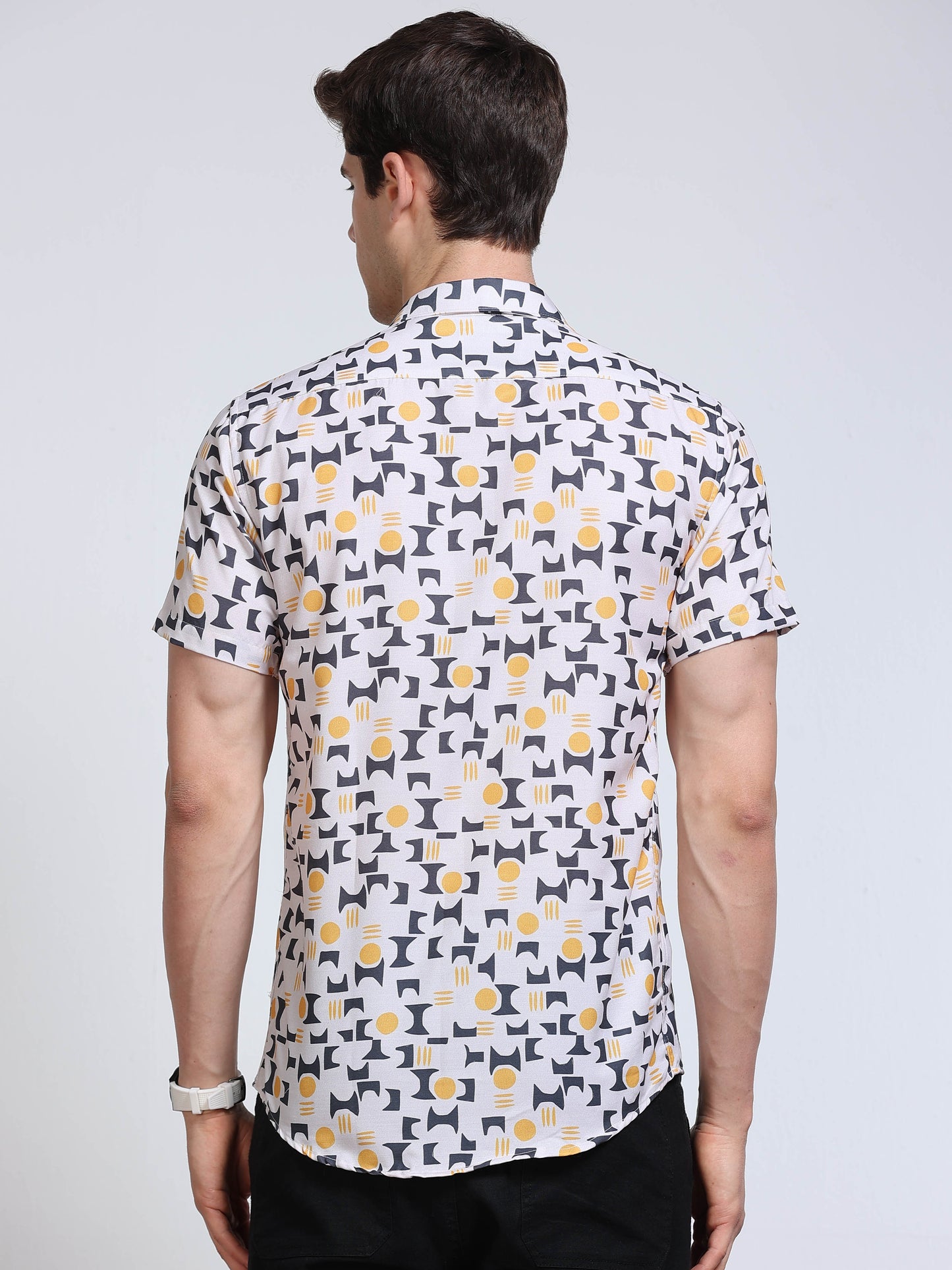 Men's Rayan White Grey Yellow Geometric Mosaic Printed Half Sleeve Shirt