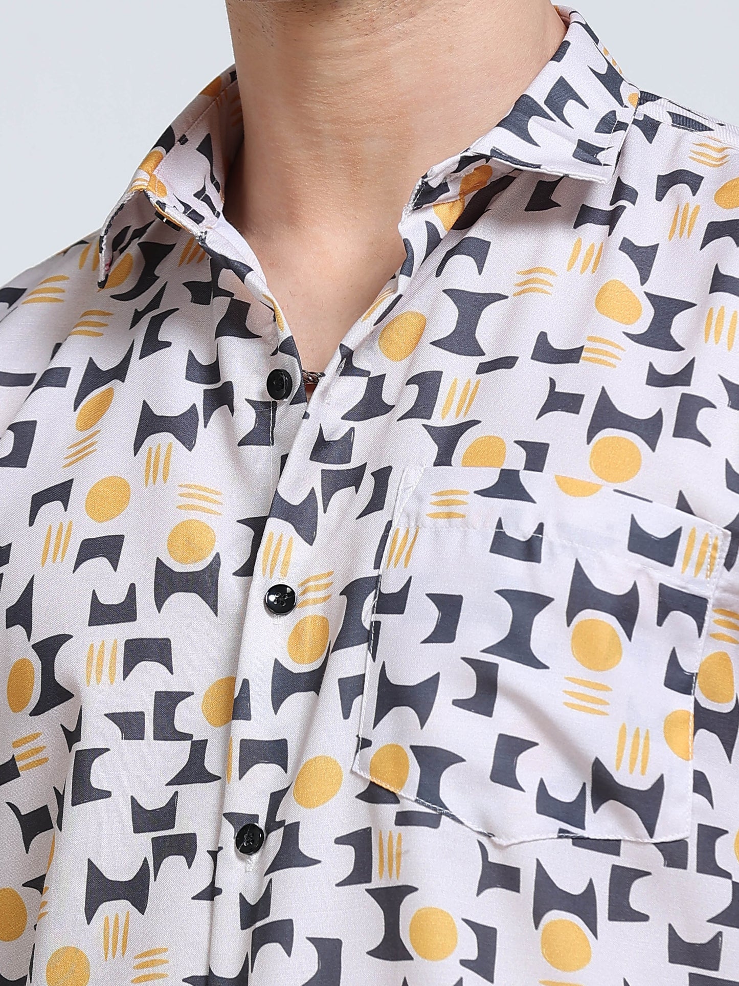 Men's Rayan White Grey Yellow Geometric Mosaic Printed Half Sleeve Shirt
