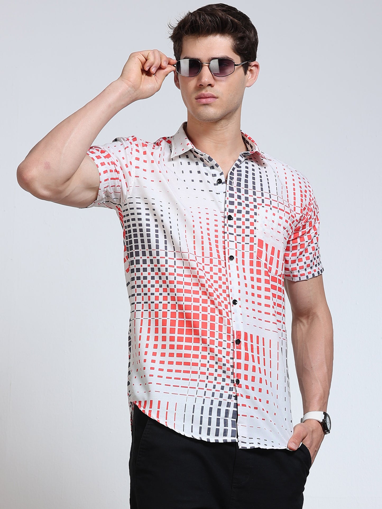 Men's Rayan White Red Grey Pixel Square Grid Printed Half Sleeve Shirt