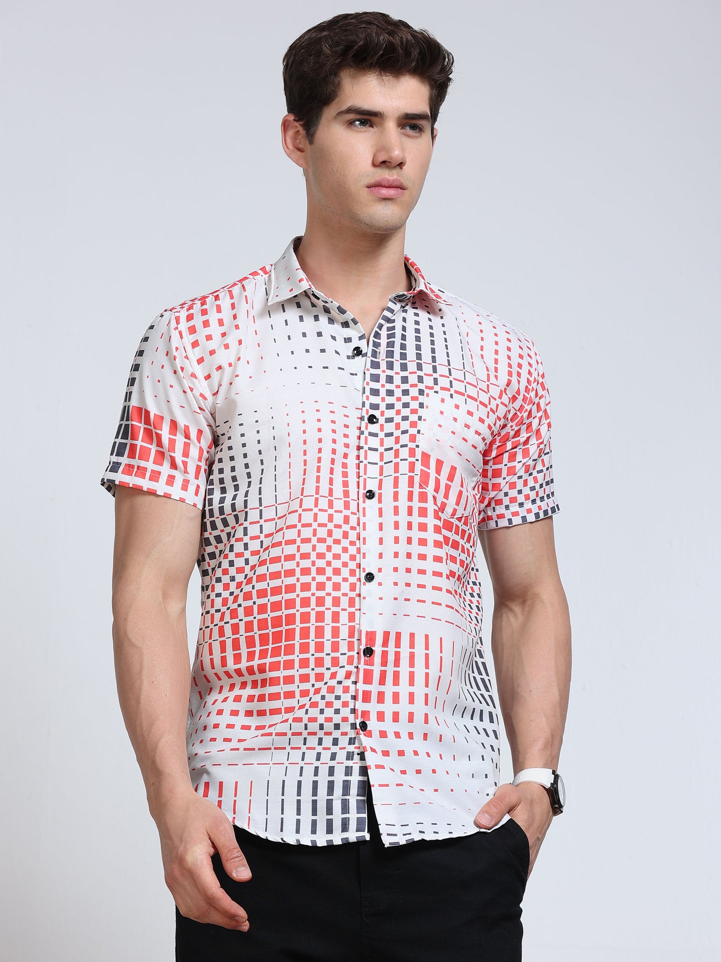 Men's Rayan White Red Grey Pixel Square Grid Printed Half Sleeve Shirt