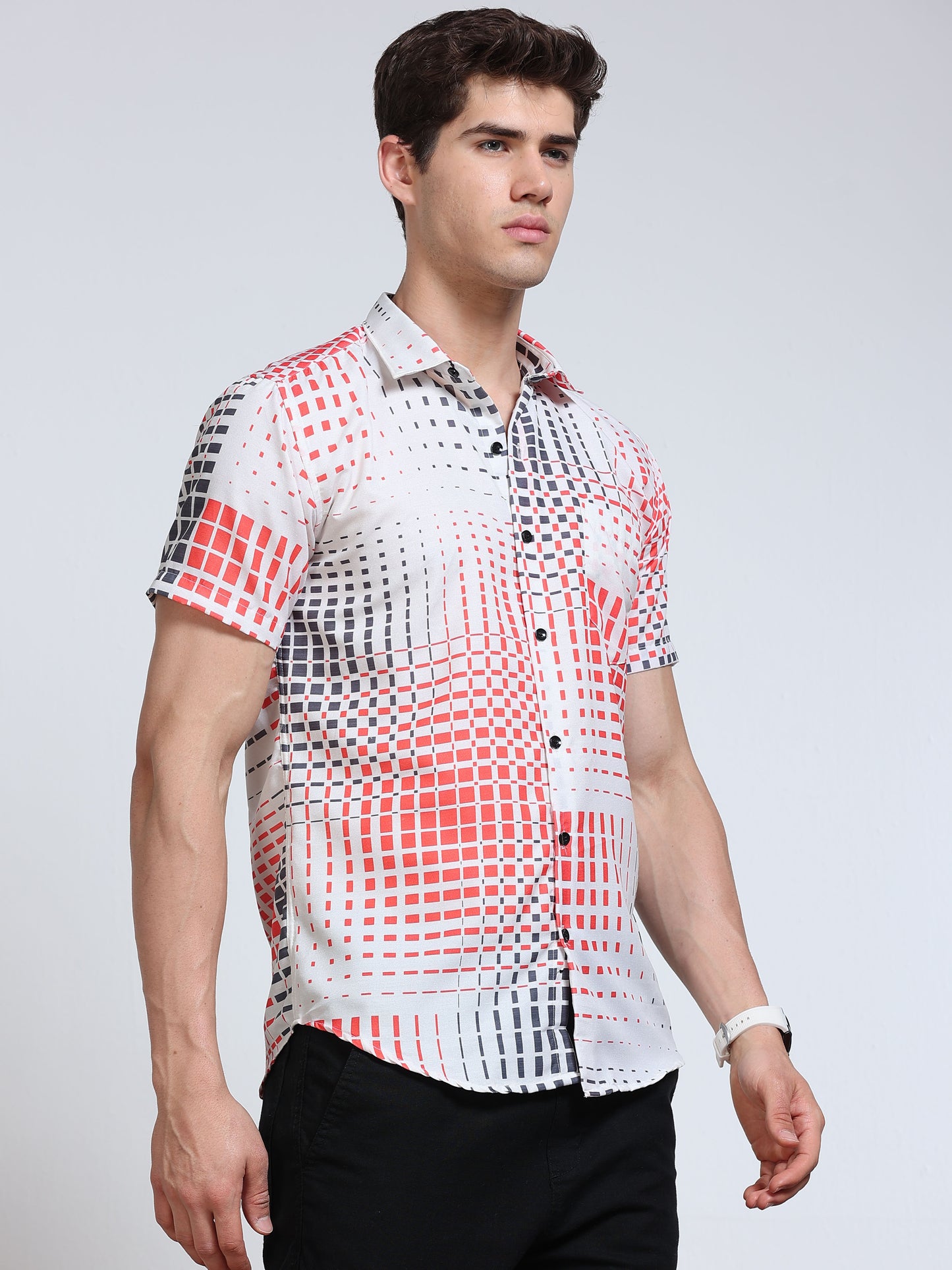Men's Rayan White Red Grey Pixel Square Grid Printed Half Sleeve Shirt
