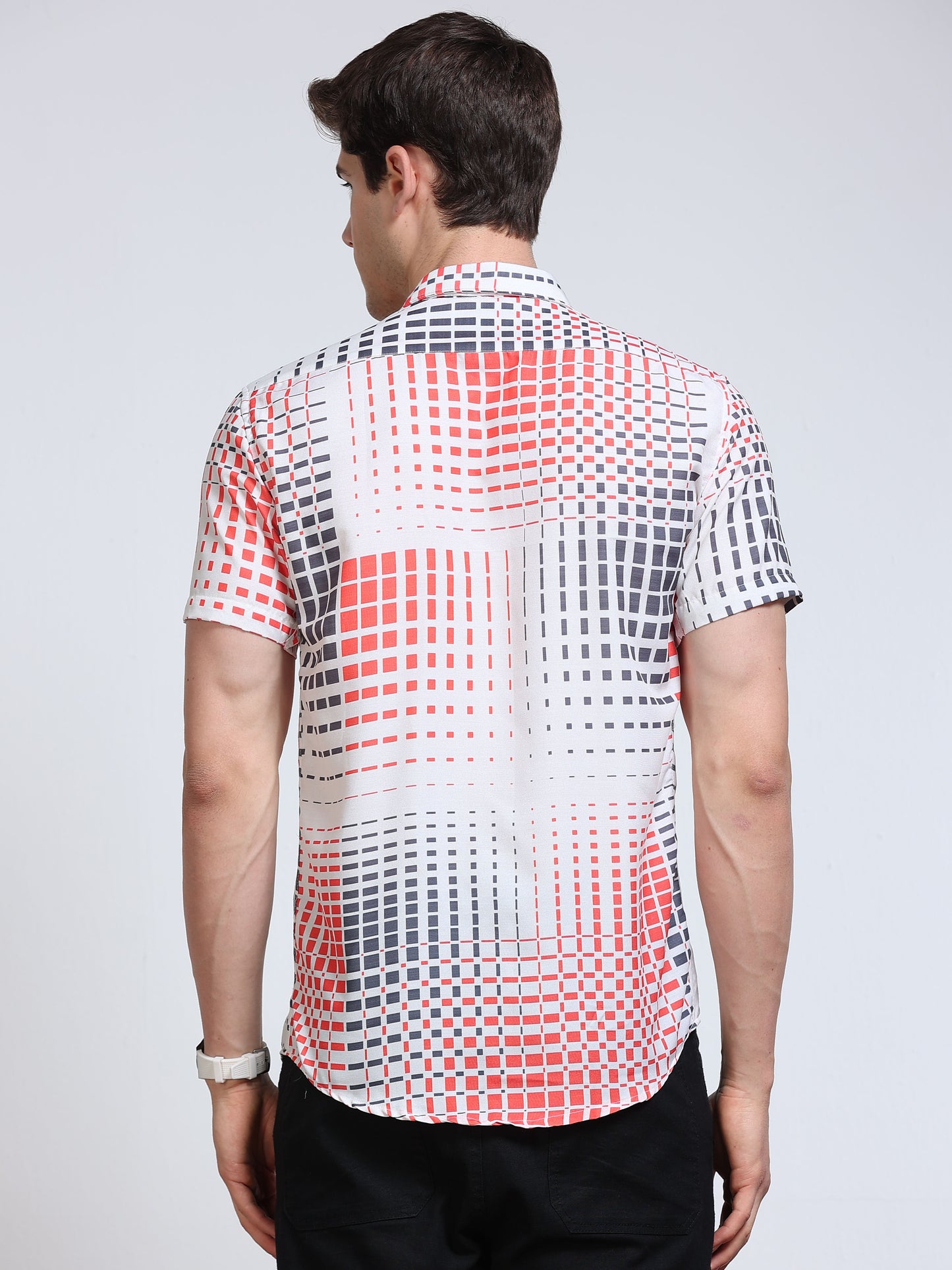 Men's Rayan White Red Grey Pixel Square Grid Printed Half Sleeve Shirt