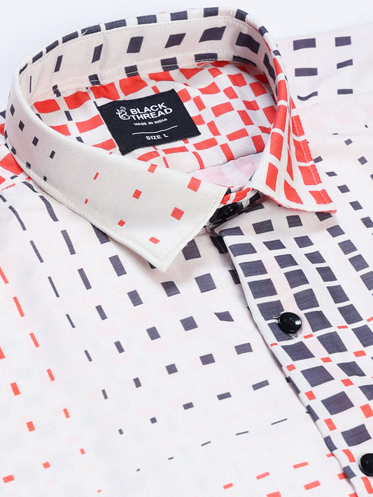 Men's Rayan White Red Grey Pixel Square Grid Printed Half Sleeve Shirt