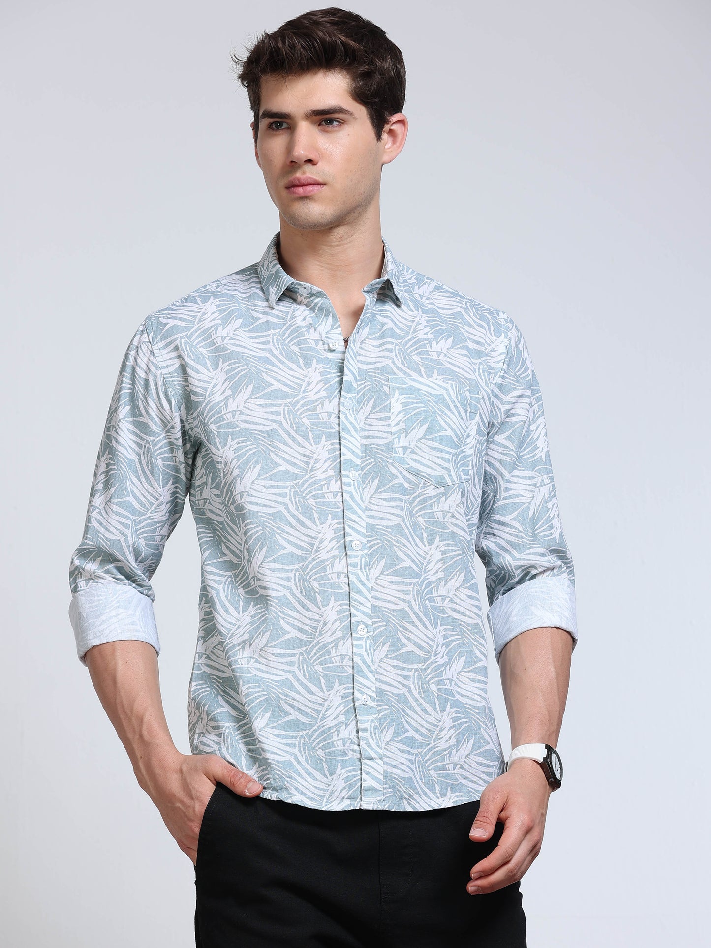 Men's Linen Powder Blue White Tropical Leaf Printed Shirt