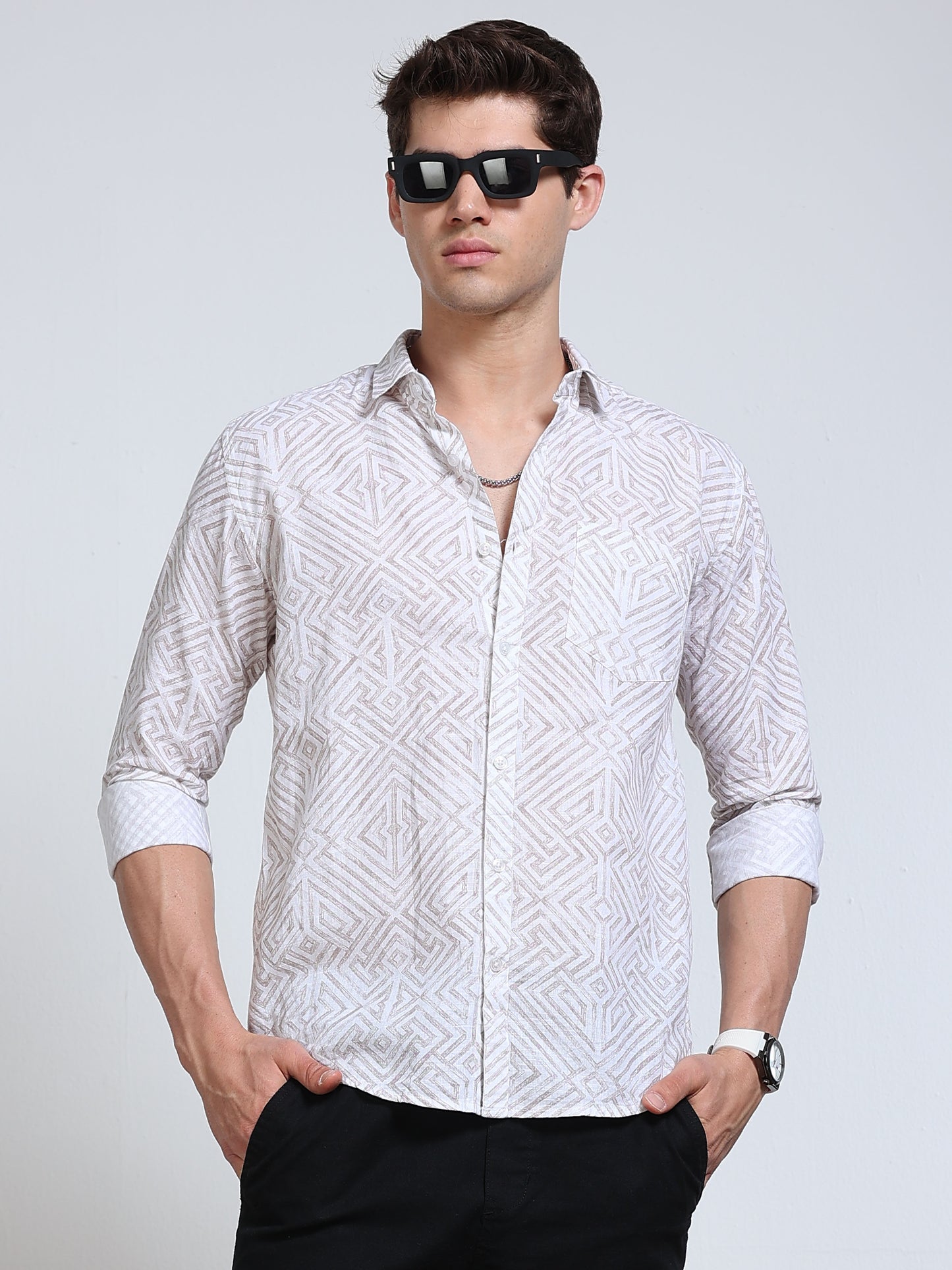 Men's Linen White Beige Abstract Diamond Maze Geometric Printed Shirt