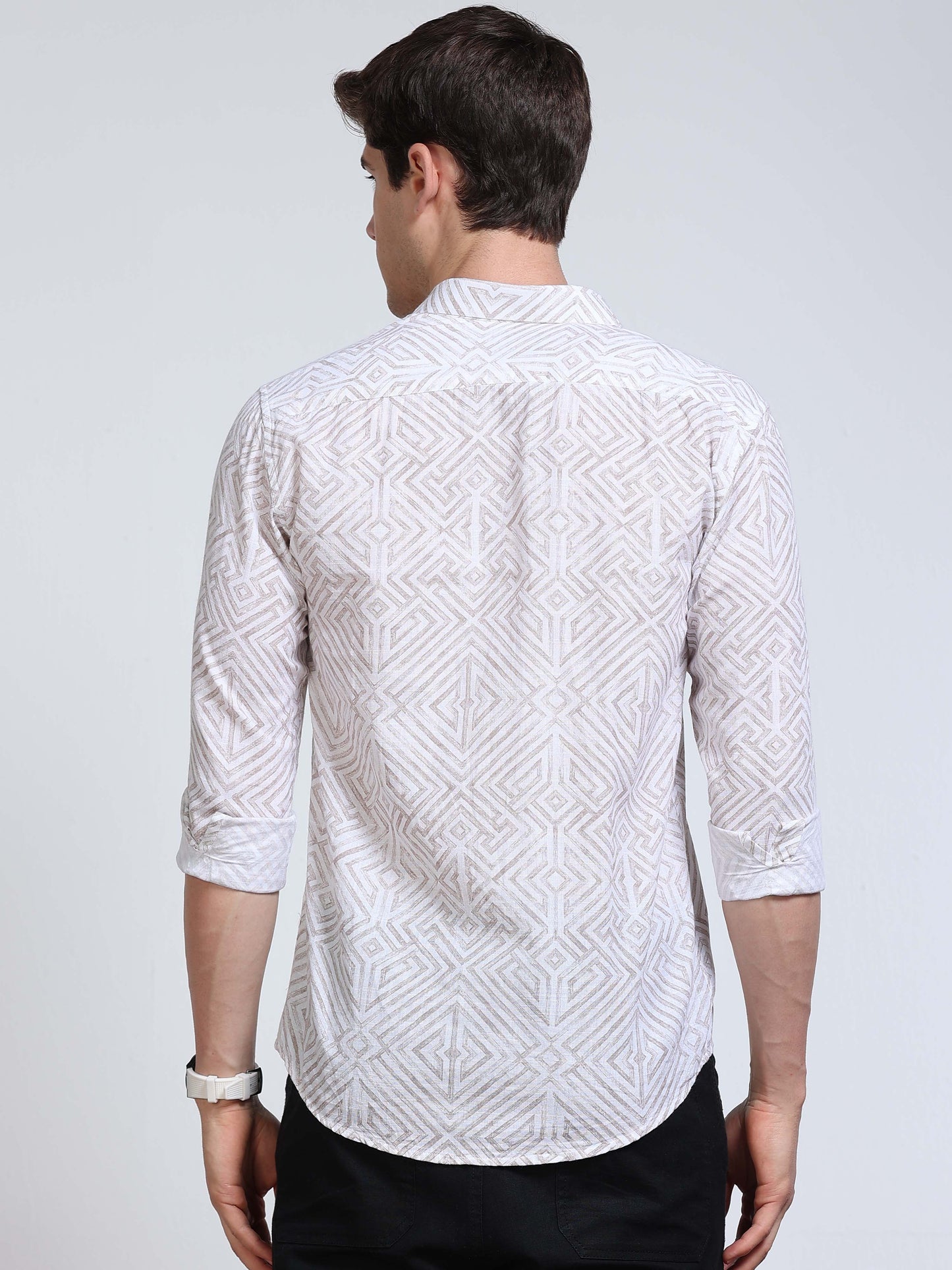 Men's Linen White Beige Abstract Diamond Maze Geometric Printed Shirt