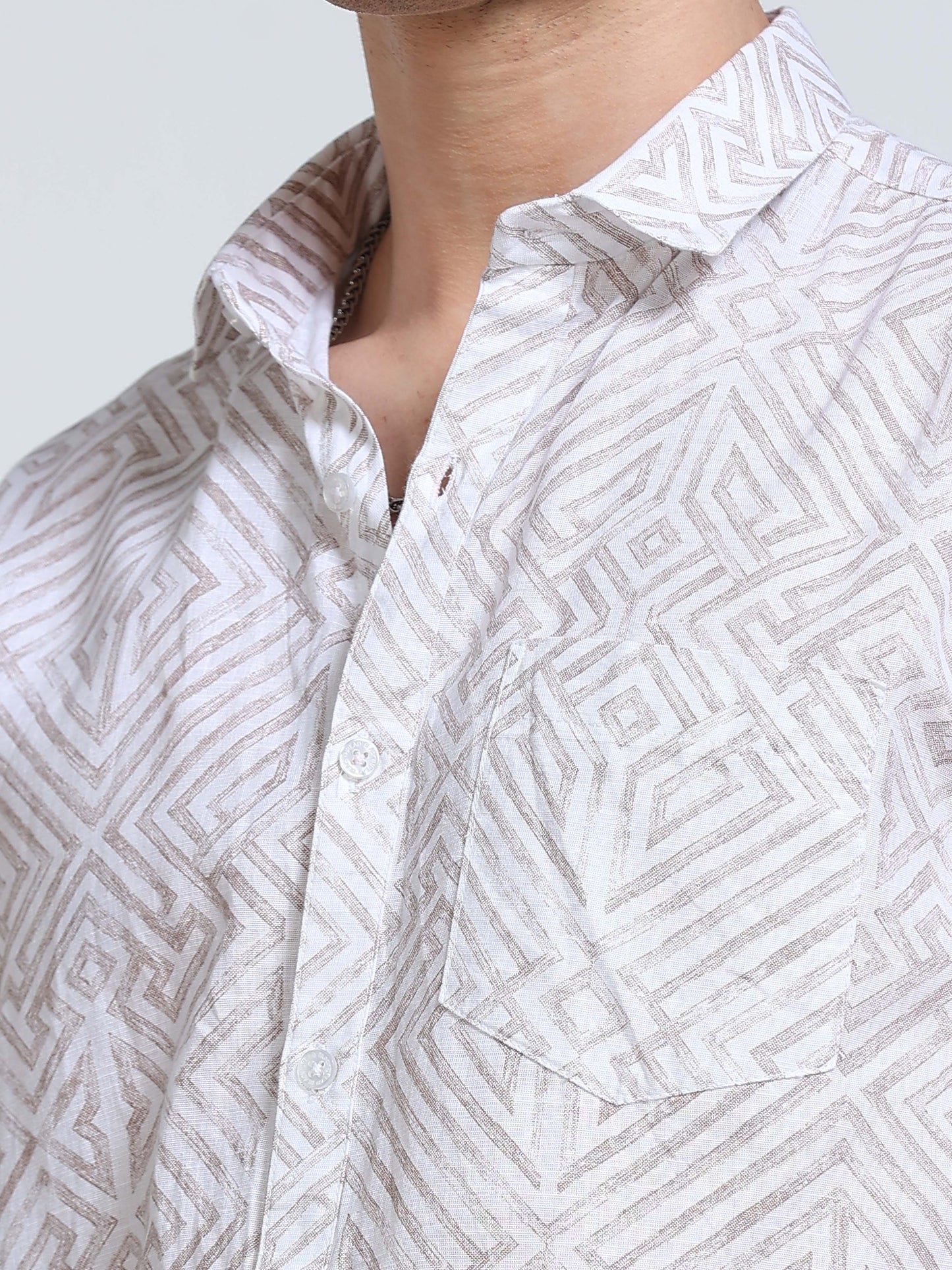 Men's Linen White Beige Abstract Diamond Maze Geometric Printed Shirt