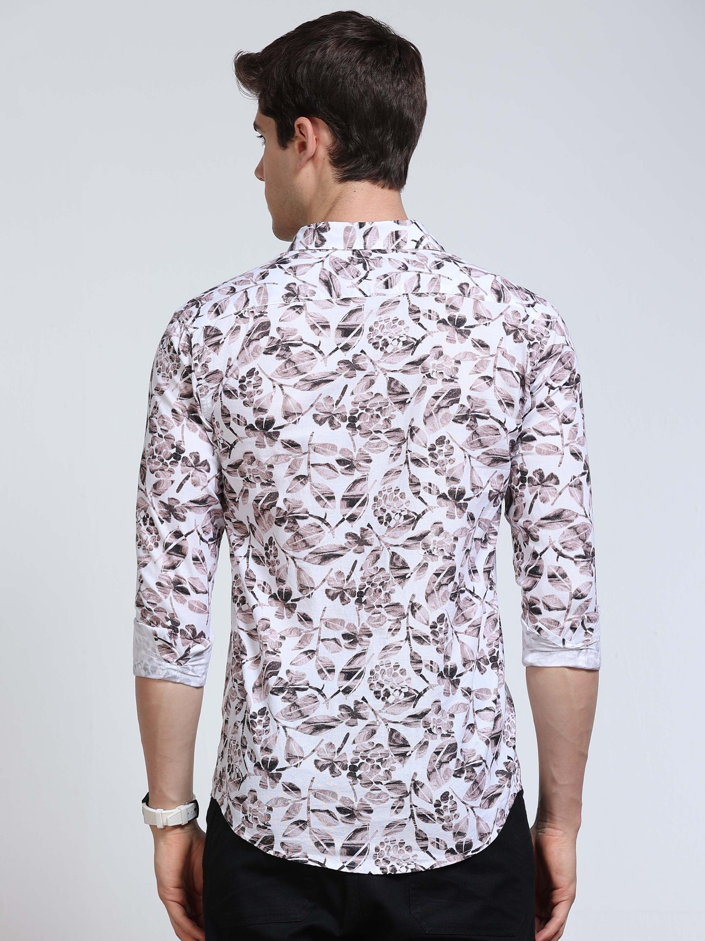 Men's Linen White Grey Brown Watercolour Floral Botanical Printed Shirt