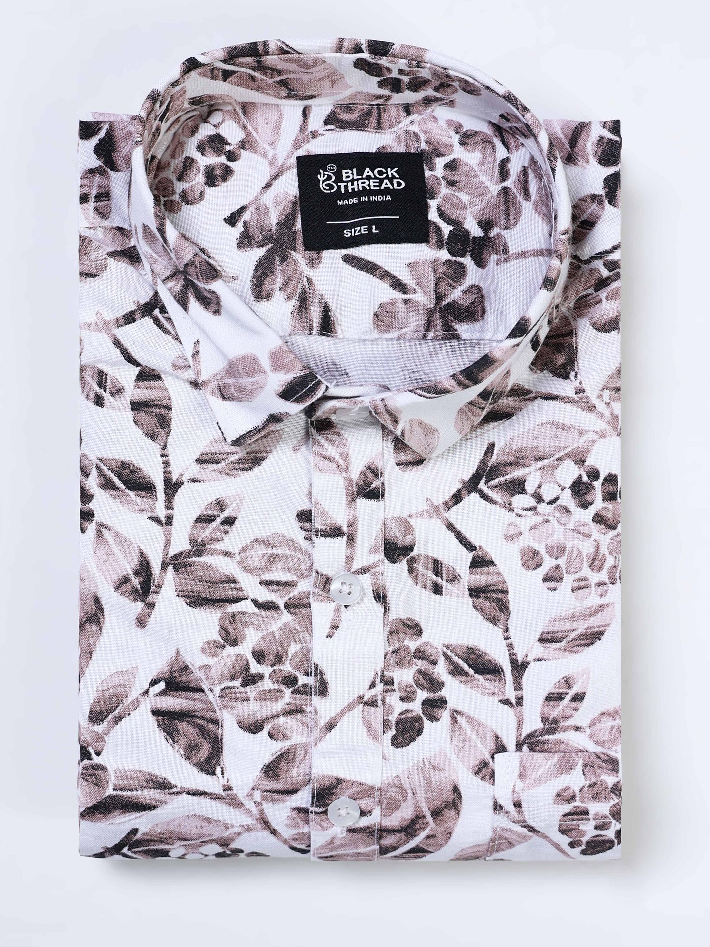 Men's Linen White Grey Brown Watercolour Floral Botanical Printed Shirt