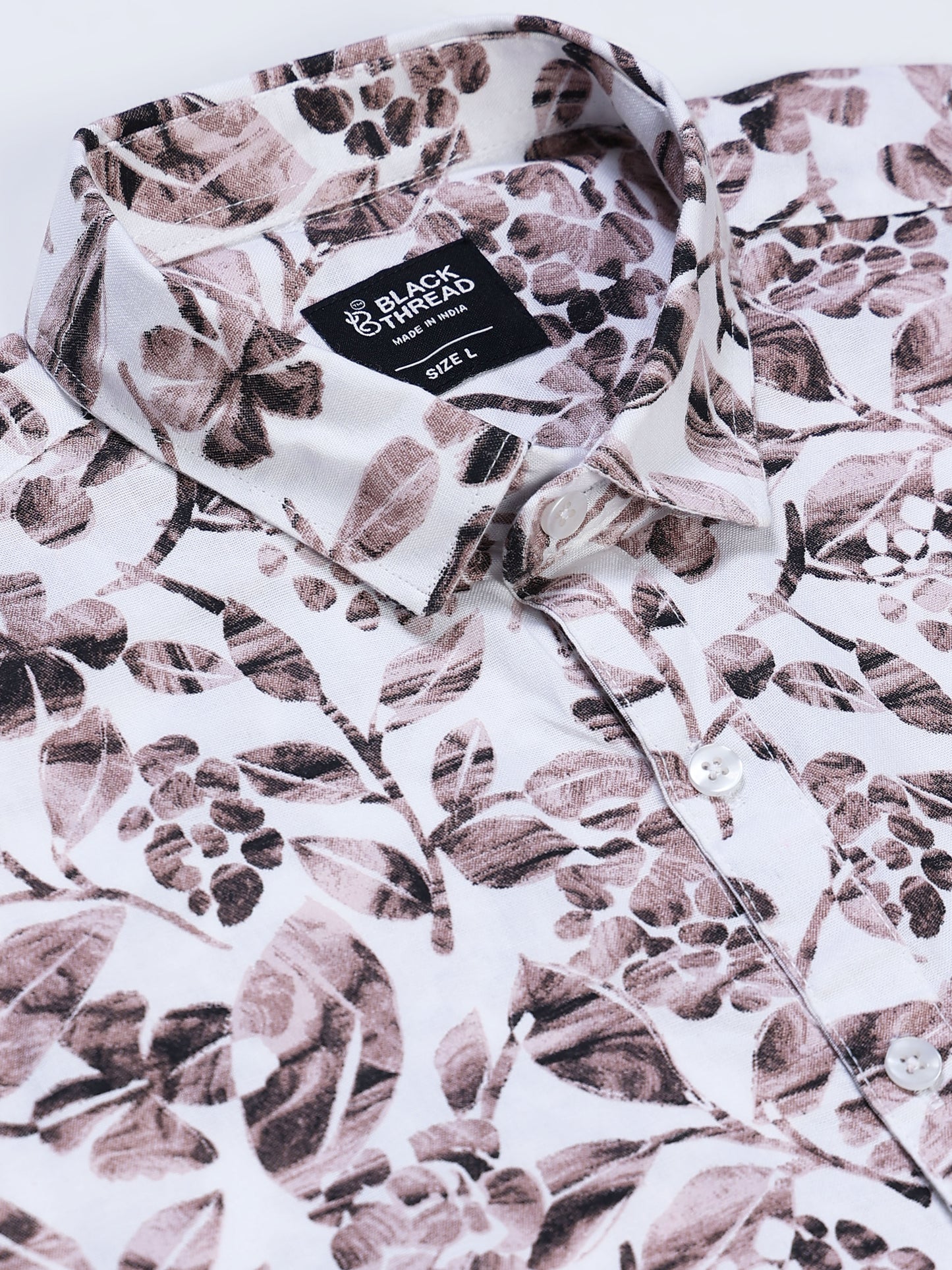 Men's Linen White Grey Brown Watercolour Floral Botanical Printed Shirt