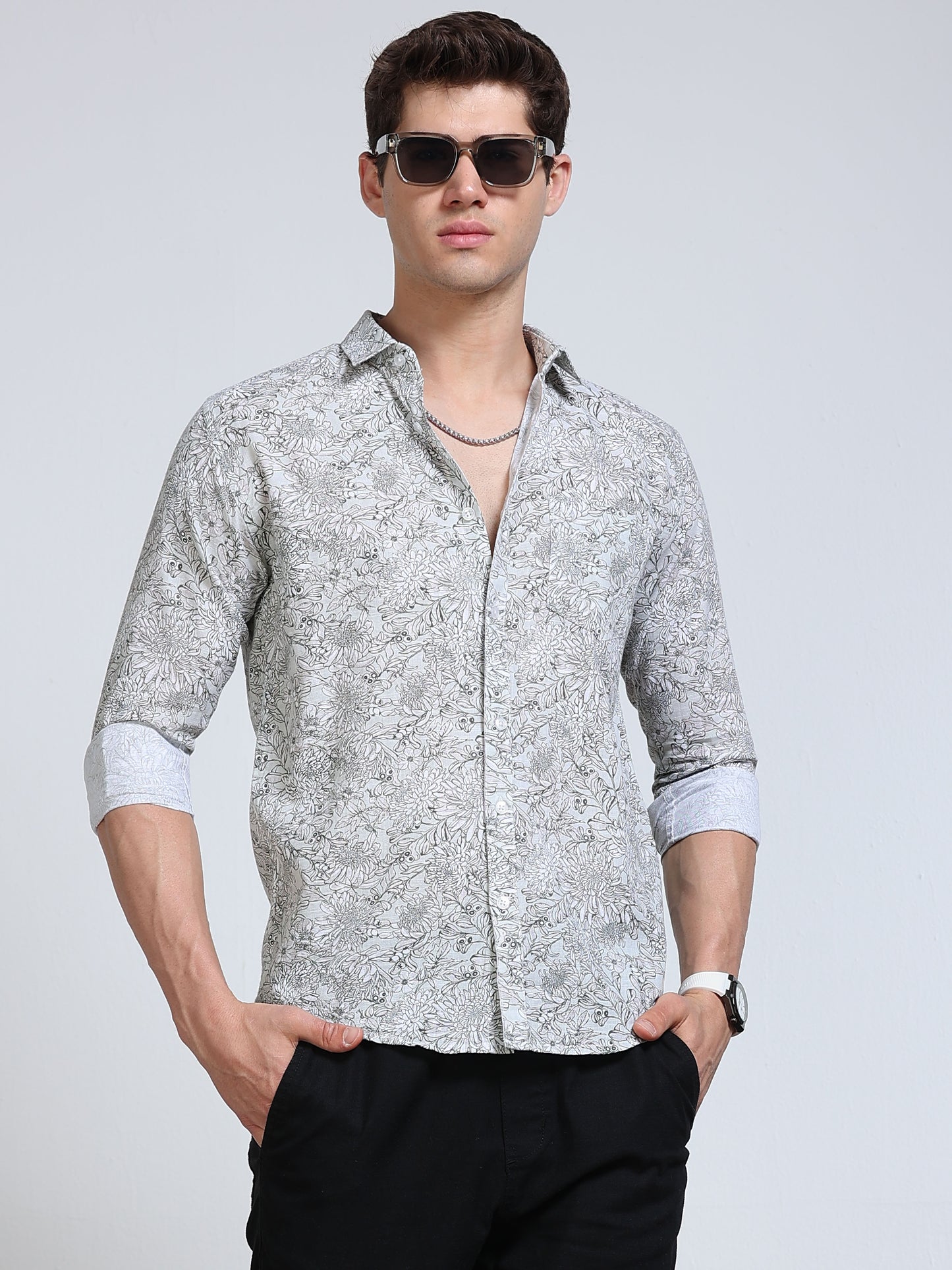Men's Linen White Grey Green Line Art Floral Botanical Printed Shirt
