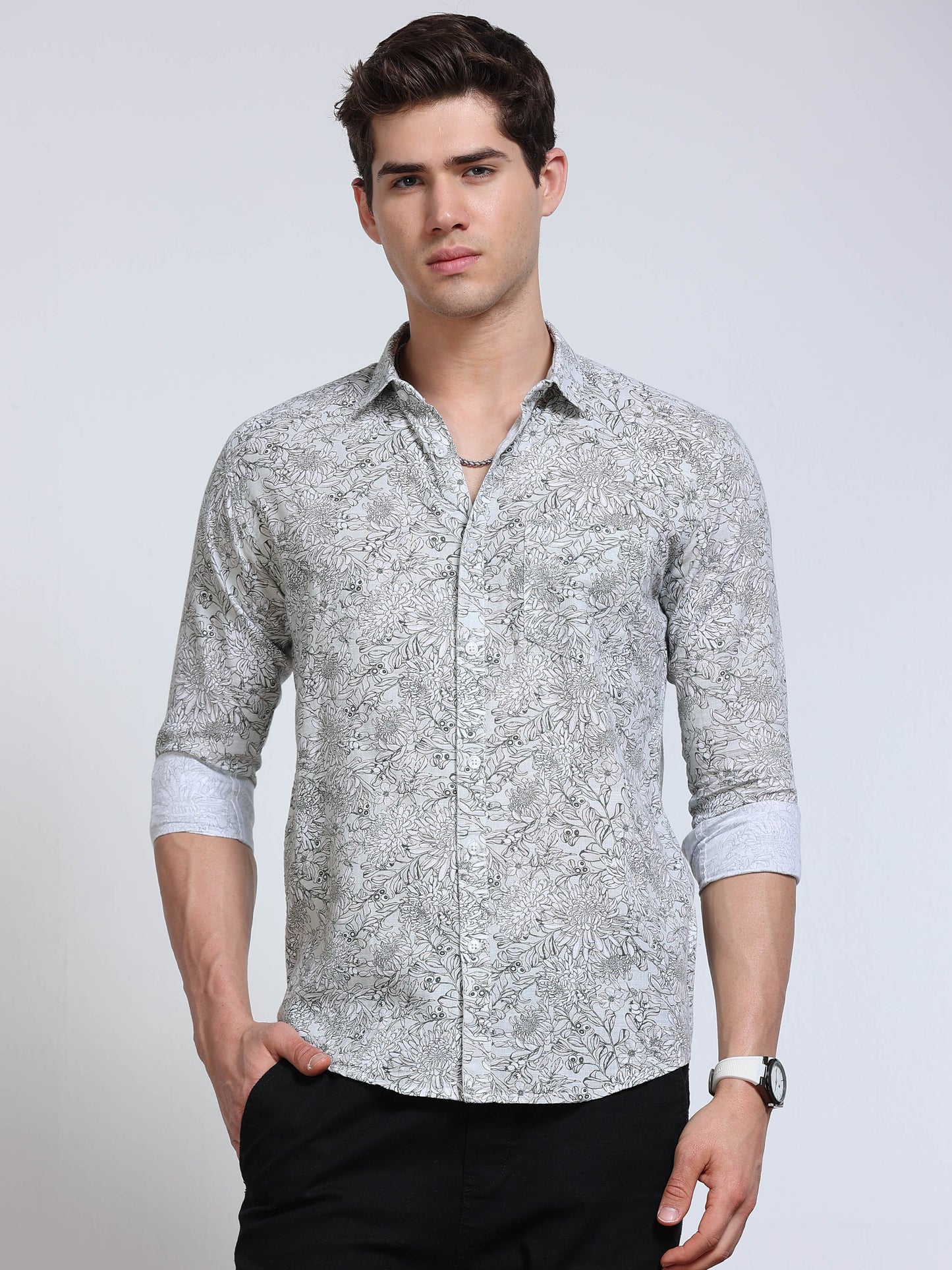 Men's Linen White Grey Green Line Art Floral Botanical Printed Shirt