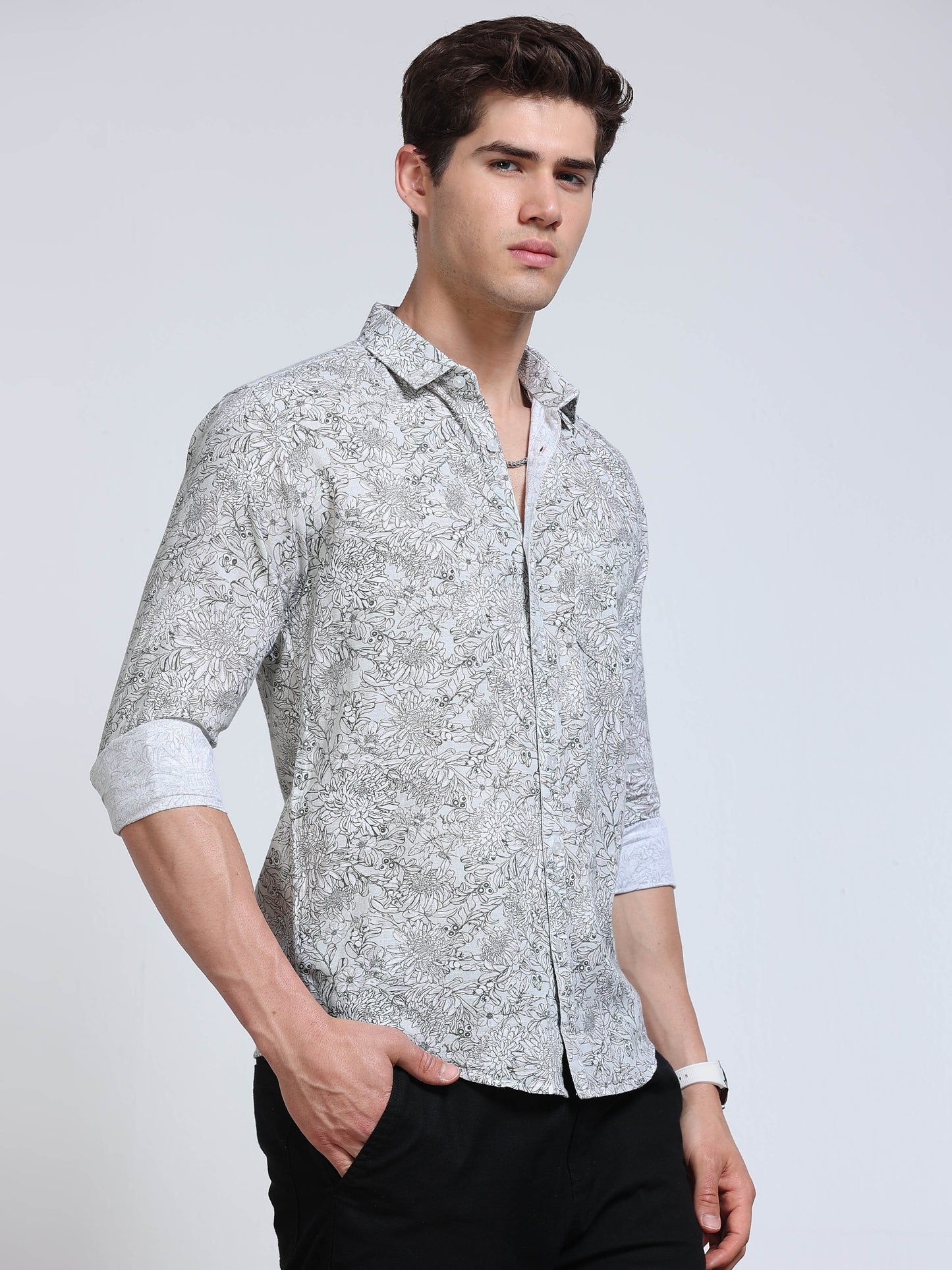 Men's Linen White Botanical Line Art Printed Shirt