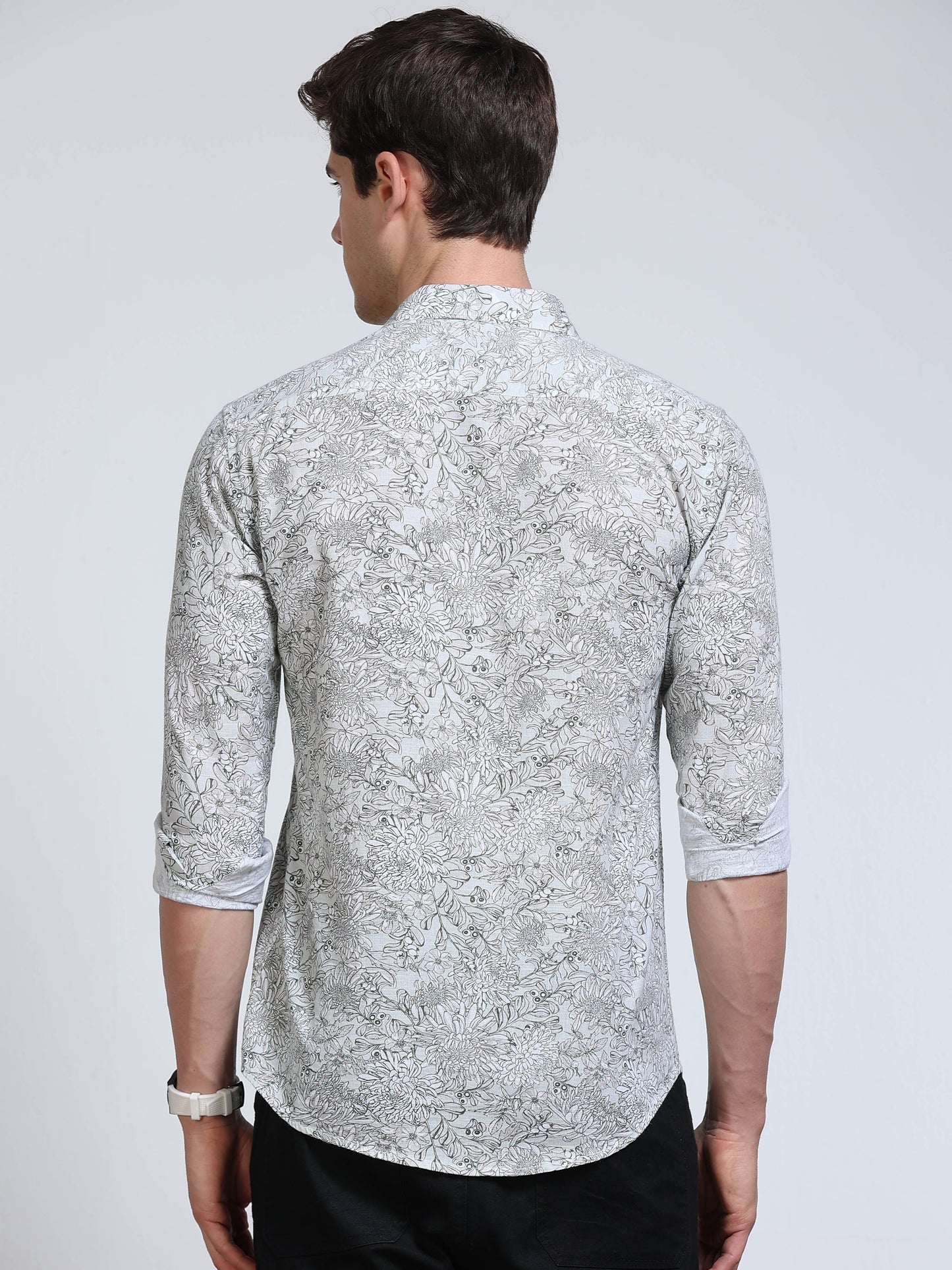 Men's Linen White Botanical Line Art Printed Shirt