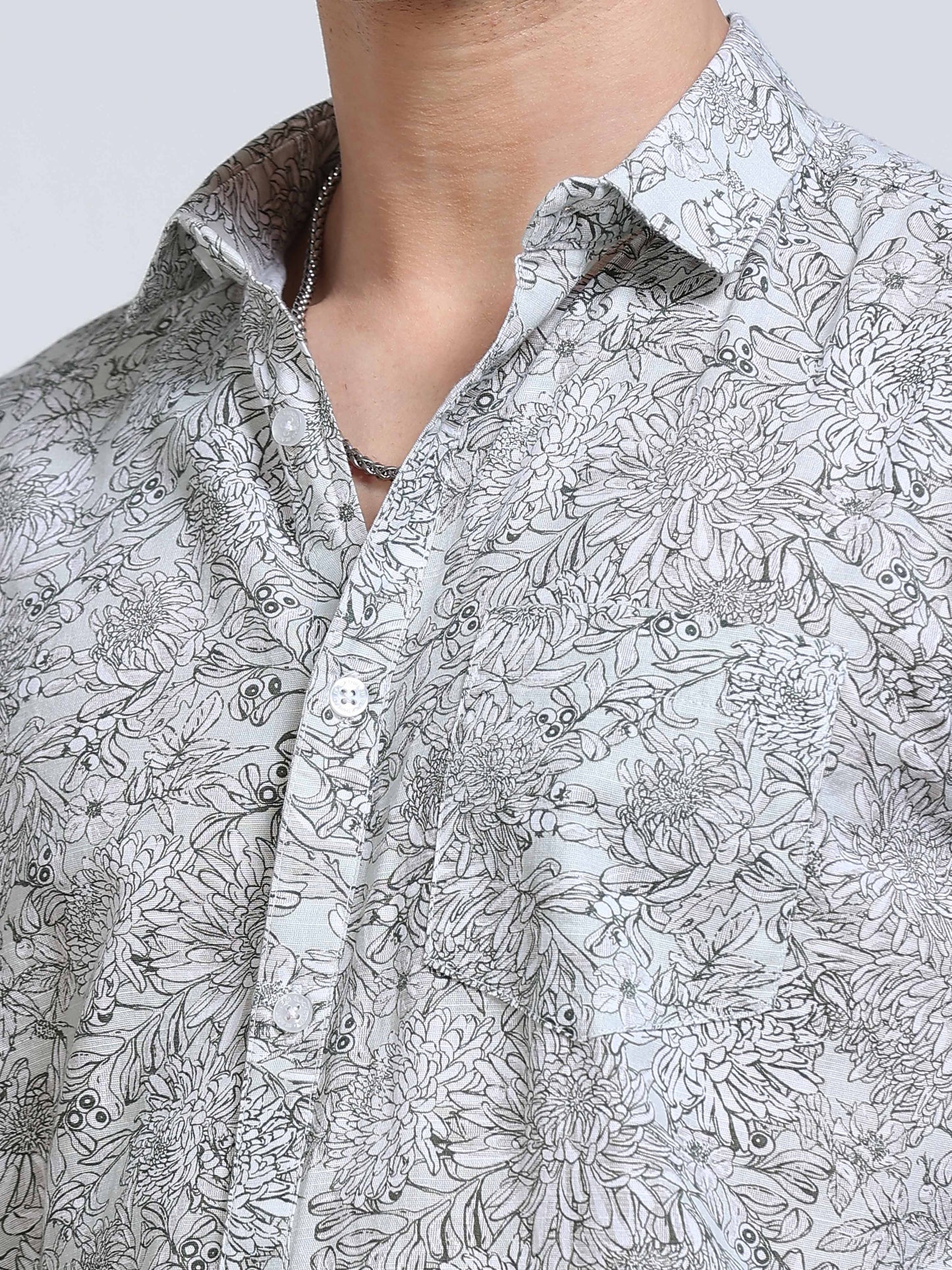 Men's Linen White Grey Green Line Art Floral Botanical Printed Shirt