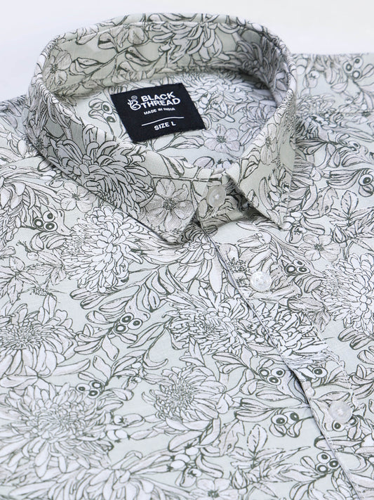Men's Linen White Botanical Line Art Printed Shirt