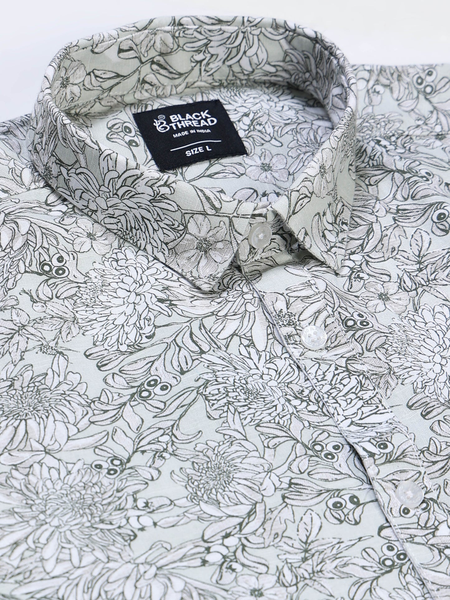 Men's Linen White Grey Green Line Art Floral Botanical Printed Shirt