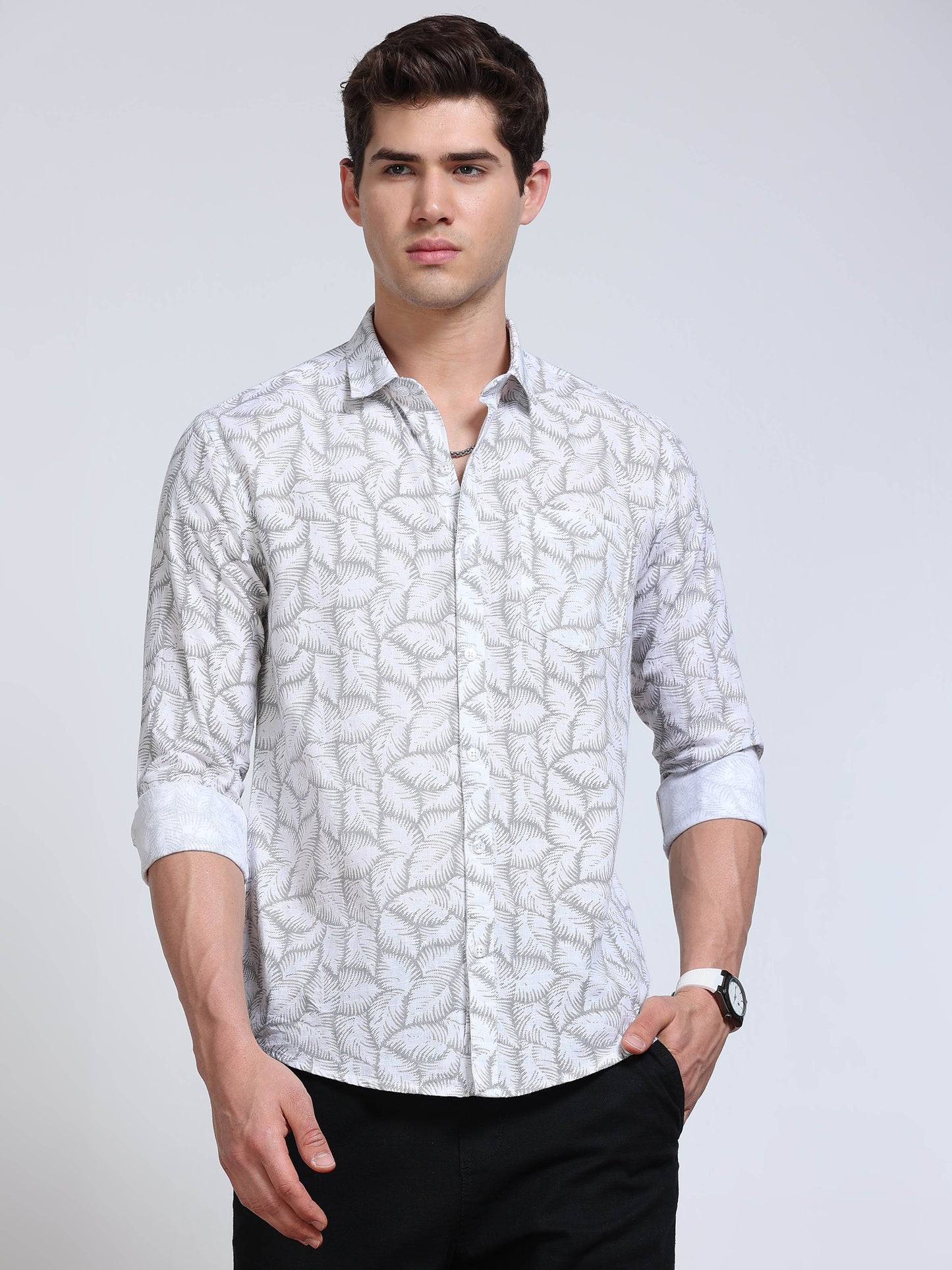 Men's Linen White Grey Fern Leaf Printed Shirt