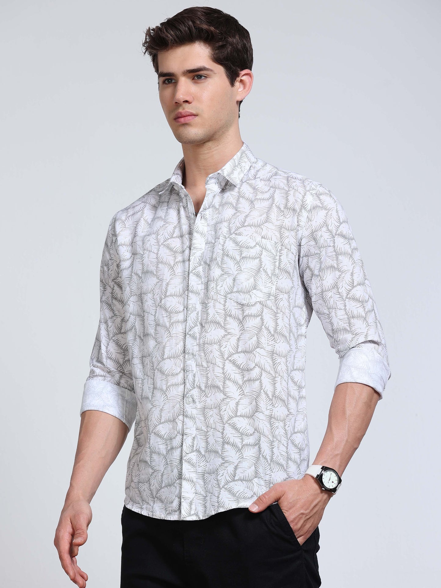 Men's Linen White Grey Fern Leaf Printed Shirt