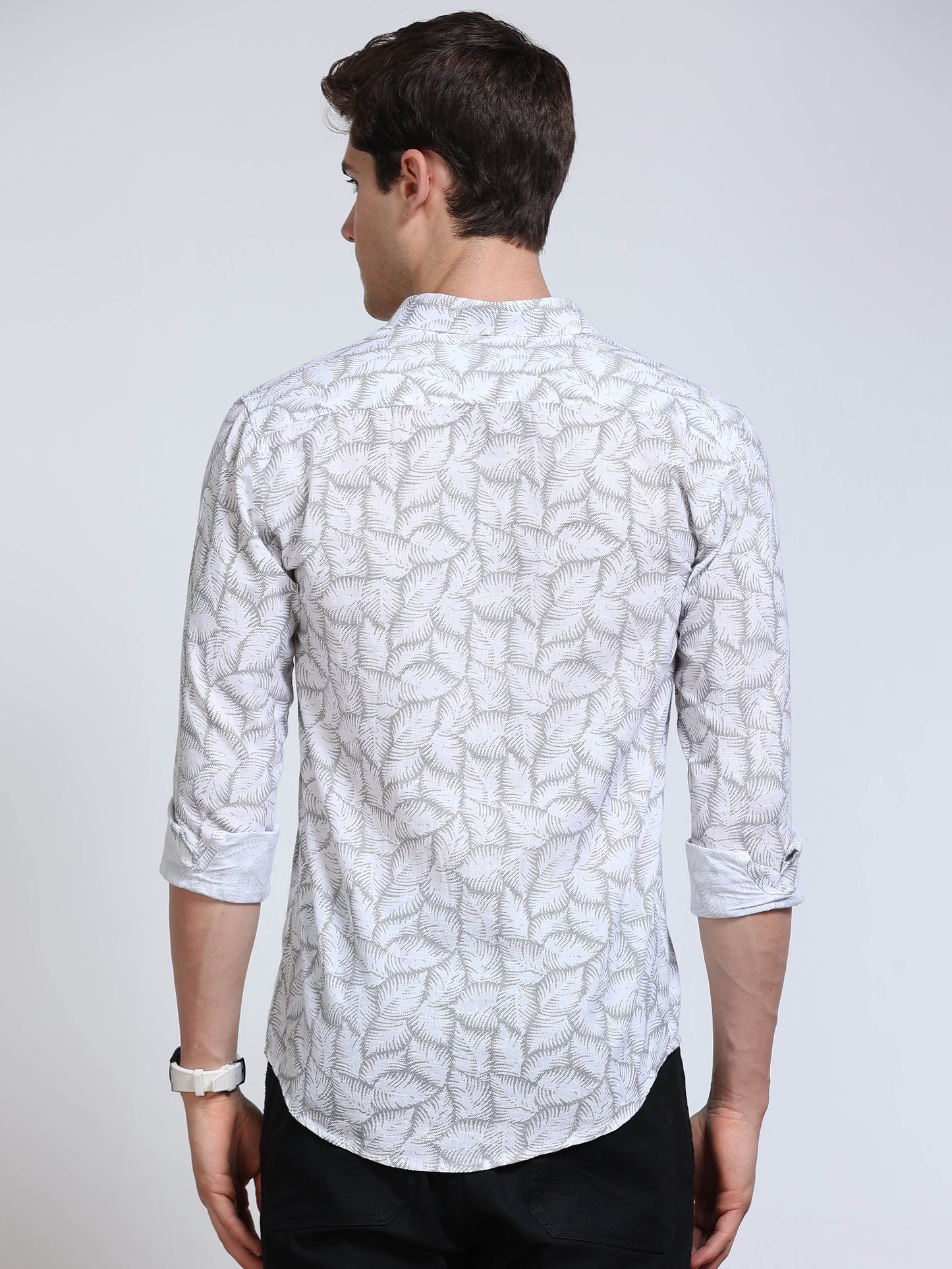 Men's Linen White Grey Fern Leaf Printed Shirt
