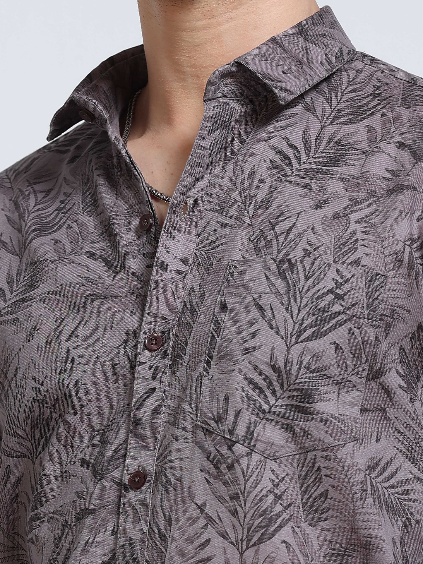 Men's Linen Dark Grey Charcoal Tropical Palm Leaf Printed Shirt