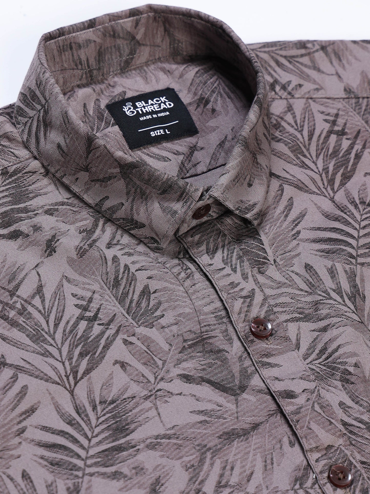 Men's Linen Dark Grey Charcoal Tropical Palm Leaf Printed Shirt