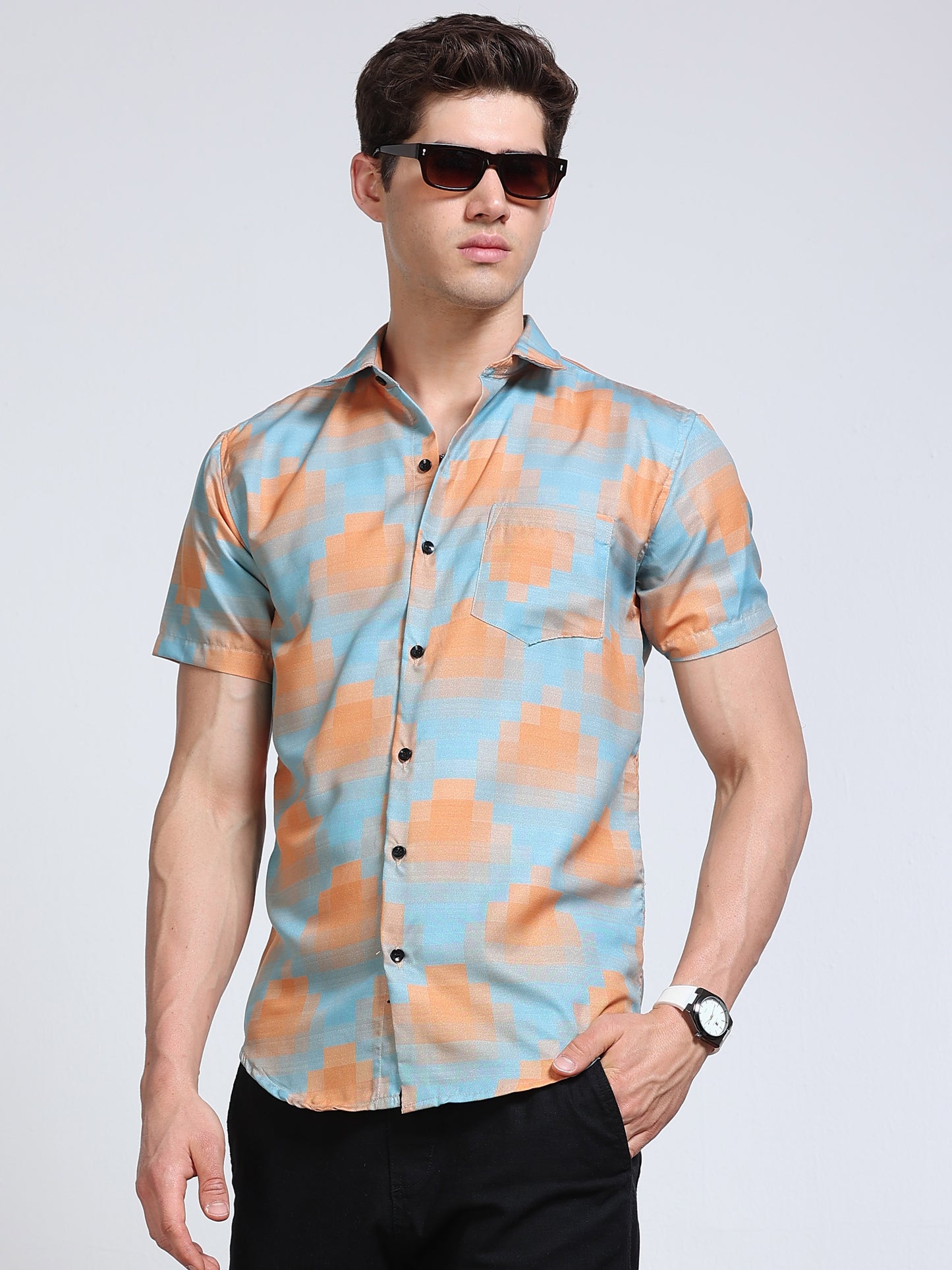 Men's Rayan Sky Blue Peach Abstract Cloud Wash Printed Half Sleeve Shirt