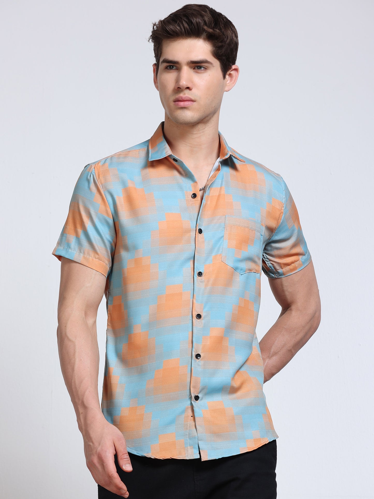 Men's Rayan Sky Blue Peach Abstract Cloud Wash Printed Half Sleeve Shirt