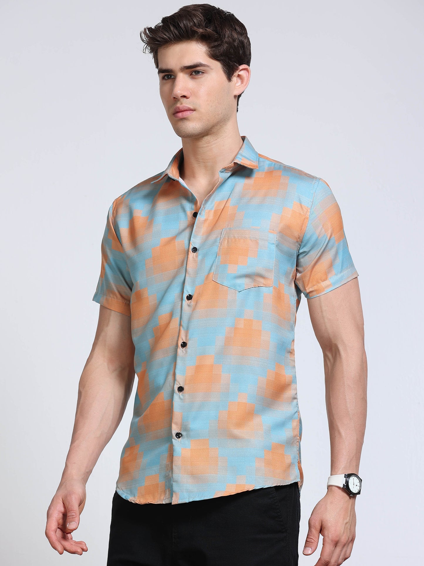 Men's Rayan Sky Blue Peach Abstract Cloud Wash Printed Half Sleeve Shirt