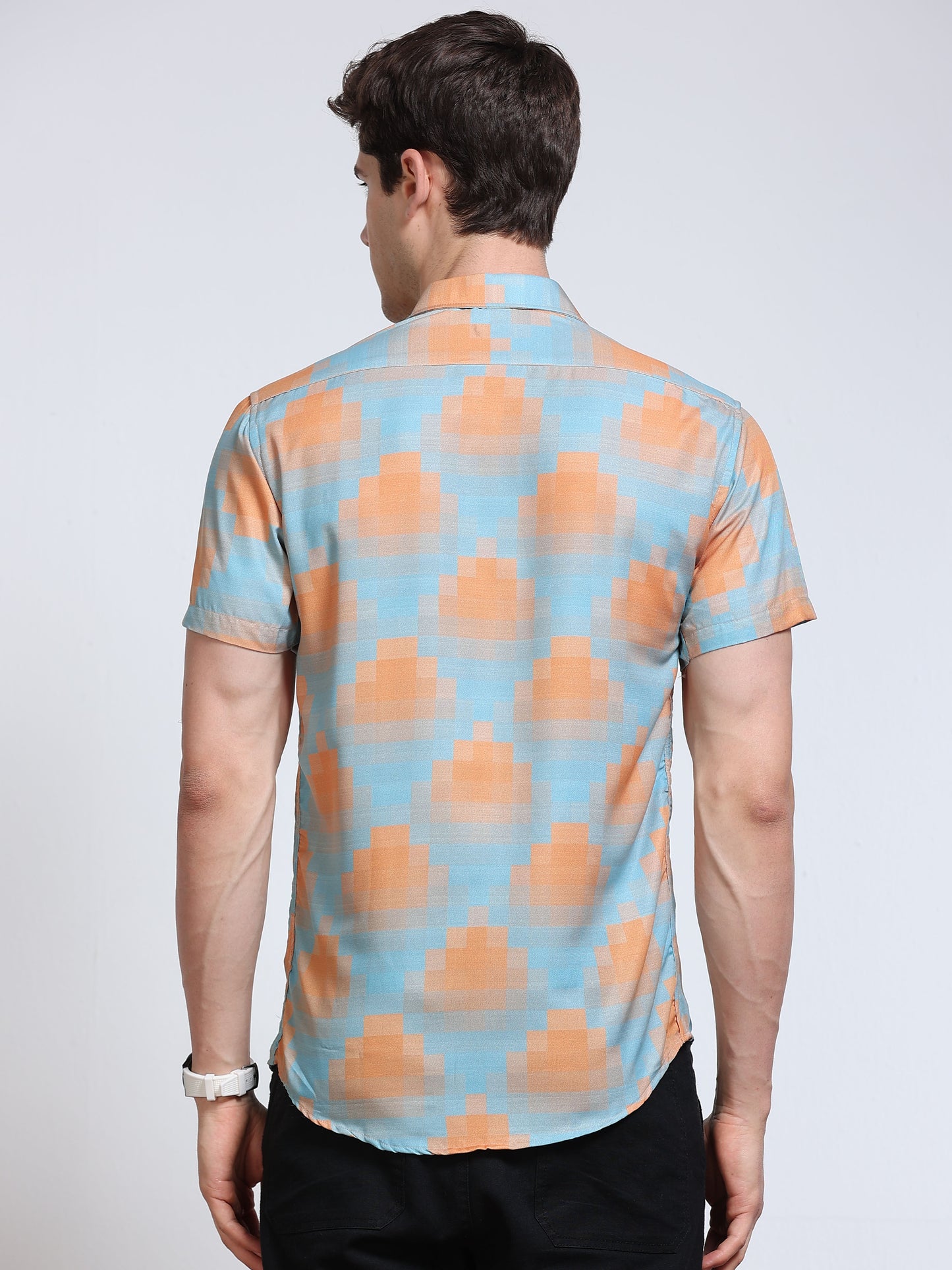 Men's Rayan Sky Blue Peach Abstract Cloud Wash Printed Half Sleeve Shirt