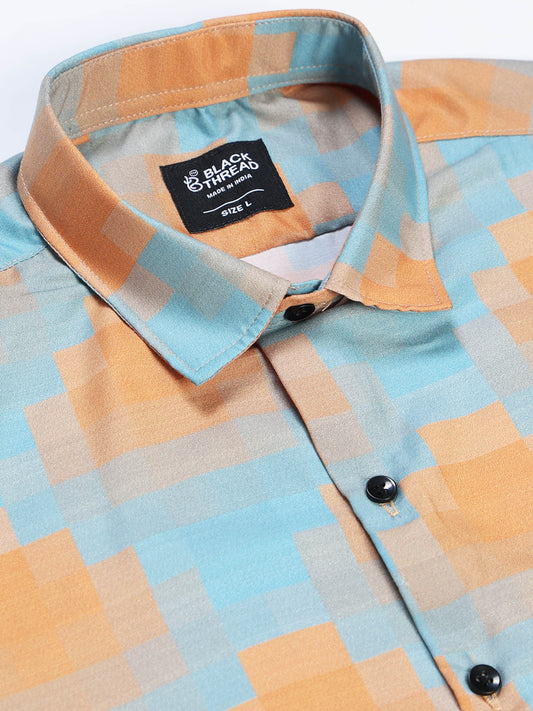 Men's Rayan Sky Blue Peach Abstract Cloud Wash Printed Half Sleeve Shirt