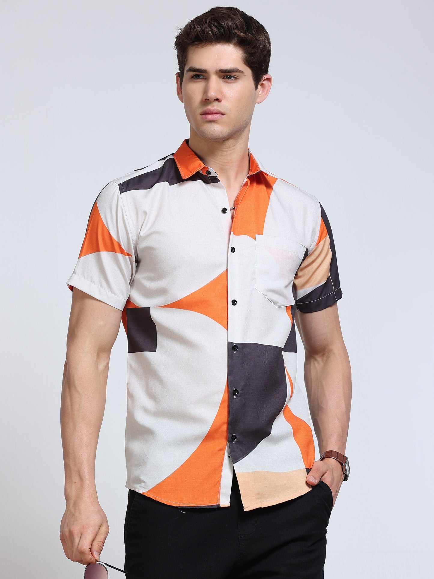 Men's Rayan White Orange Black Abstract Colour Block Printed Half Sleeve Shirt