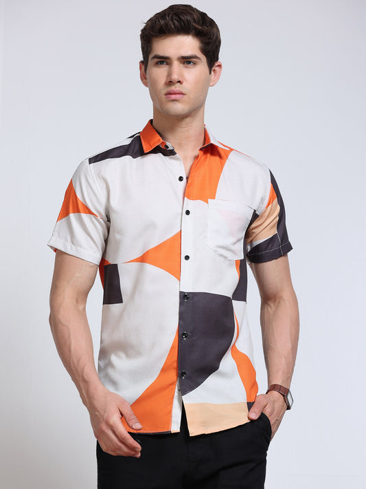 Men's Rayan White Orange Black Abstract Colour Block Printed Half Sleeve Shirt