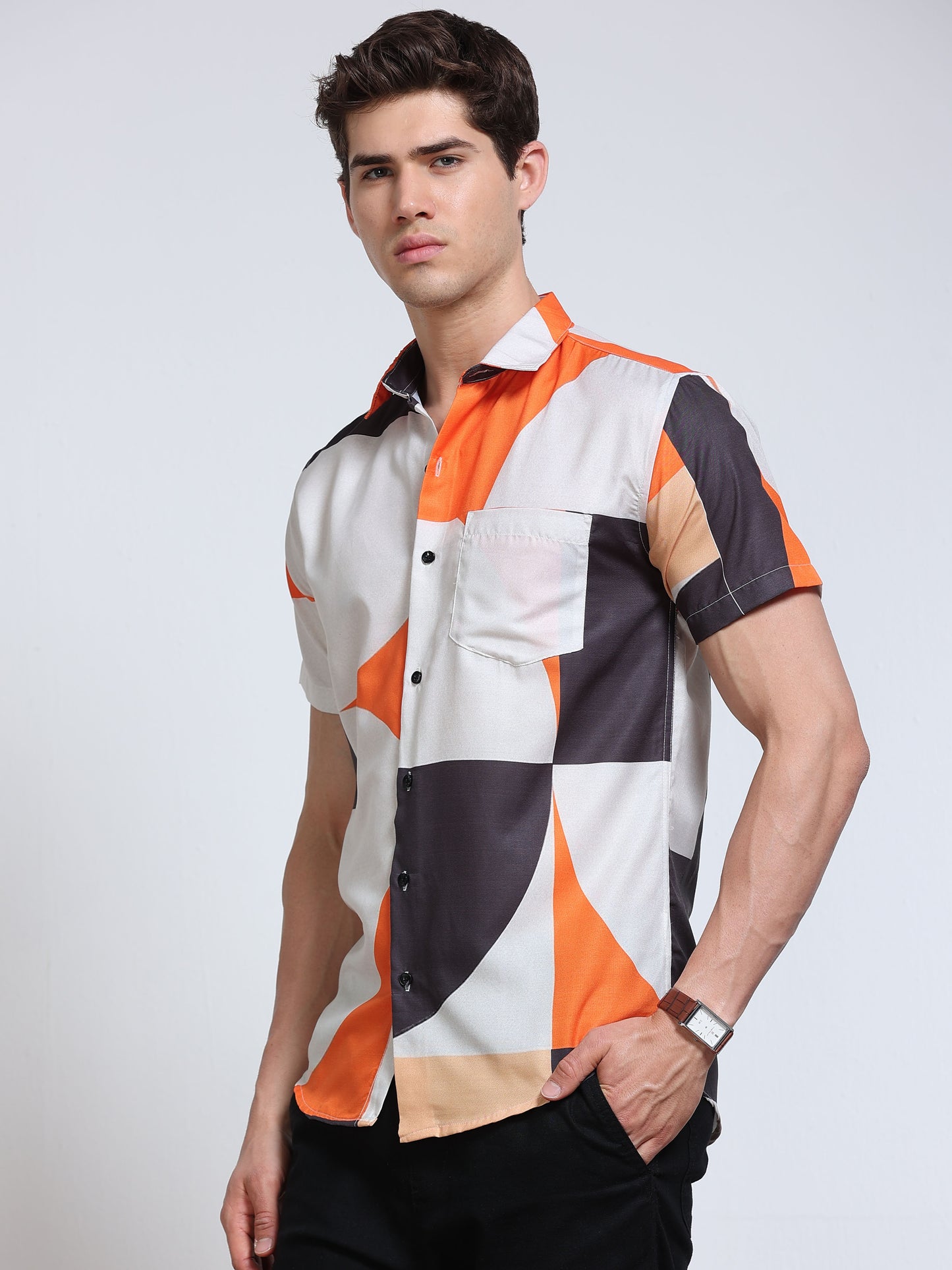 Men's Rayan White Orange Black Abstract Colour Block Printed Half Sleeve Shirt