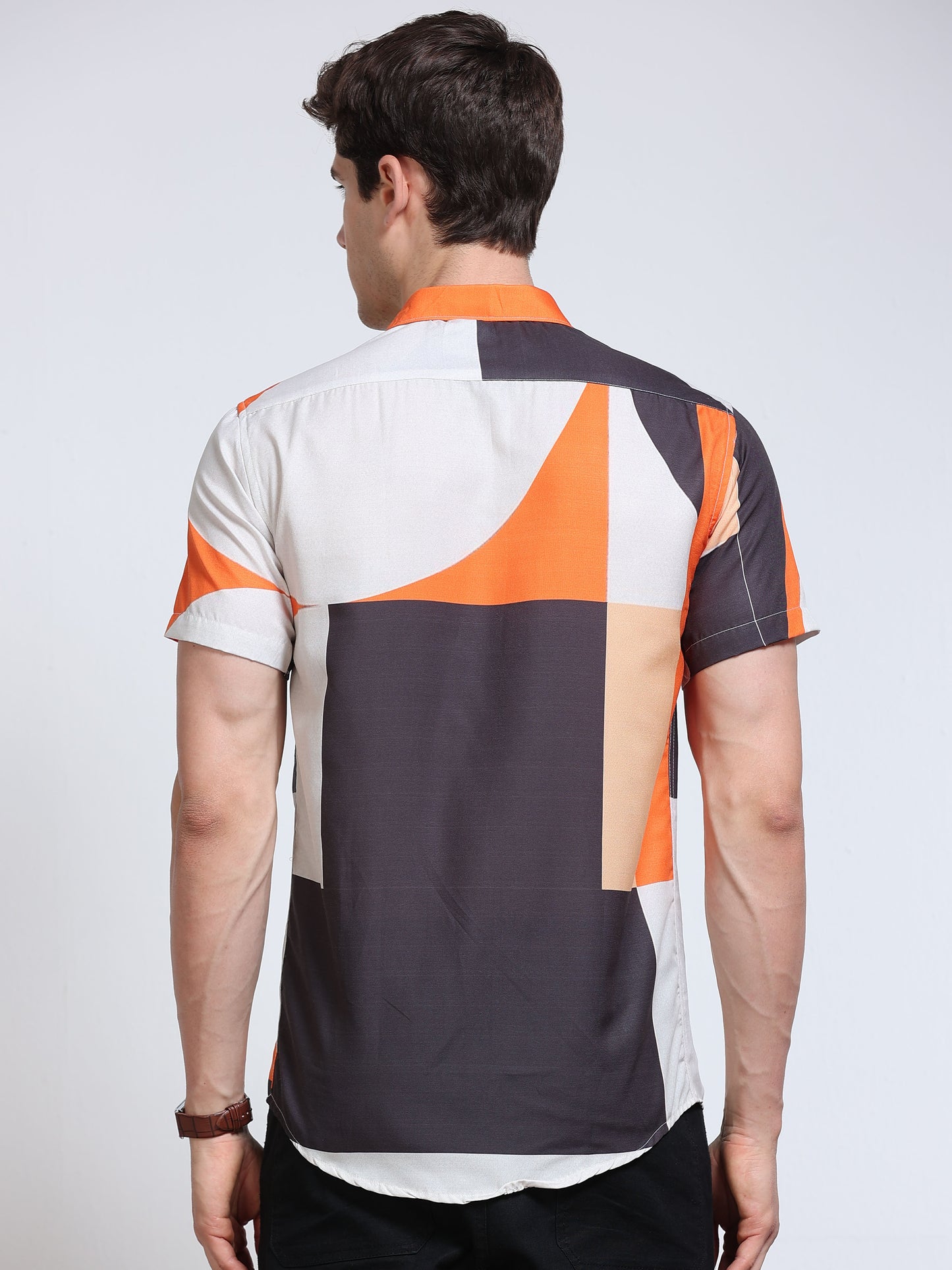 Men's Rayan White Orange Black Abstract Colour Block Printed Half Sleeve Shirt