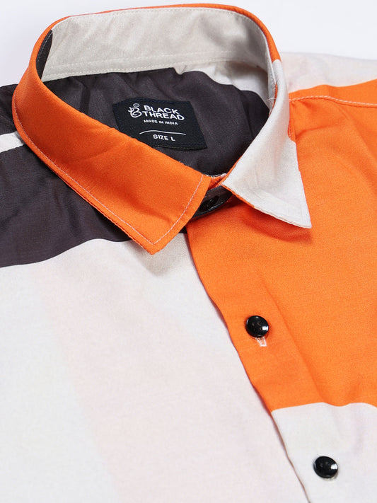 Men's Rayan White Orange Black Abstract Colour Block Printed Half Sleeve Shirt