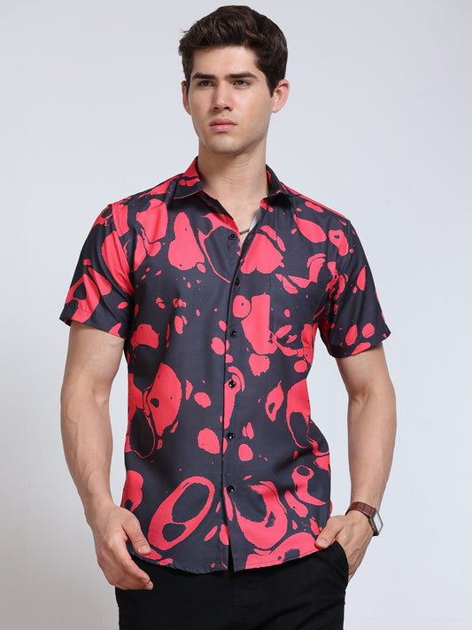 Men's Rayan Black Hot Pink Abstract Ink Blob Printed Half Sleeve Shirt