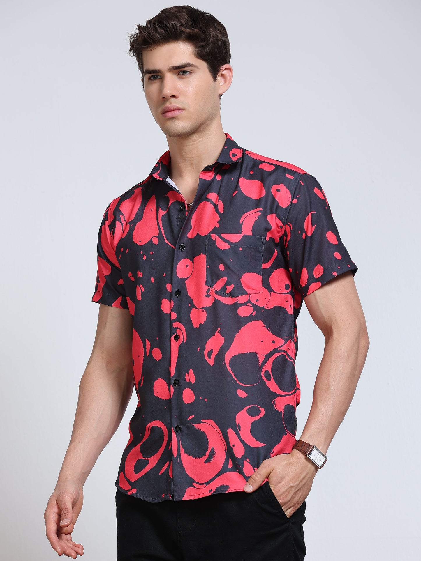 Men's Rayan Black Hot Pink Abstract Ink Blob Printed Half Sleeve Shirt