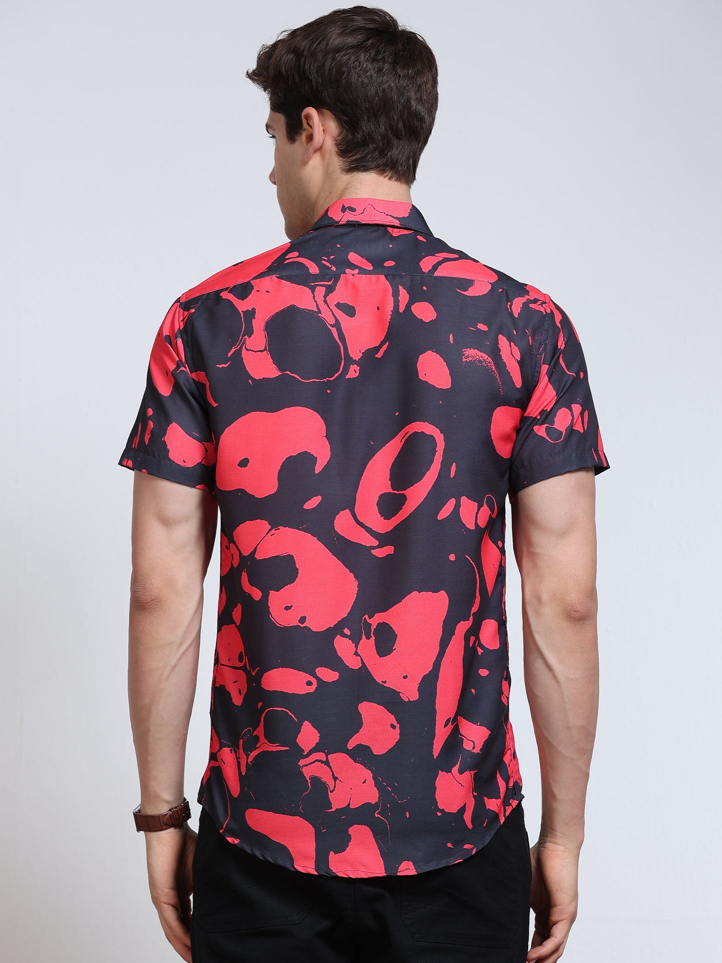 Men's Rayan Black Hot Pink Abstract Ink Blob Printed Half Sleeve Shirt